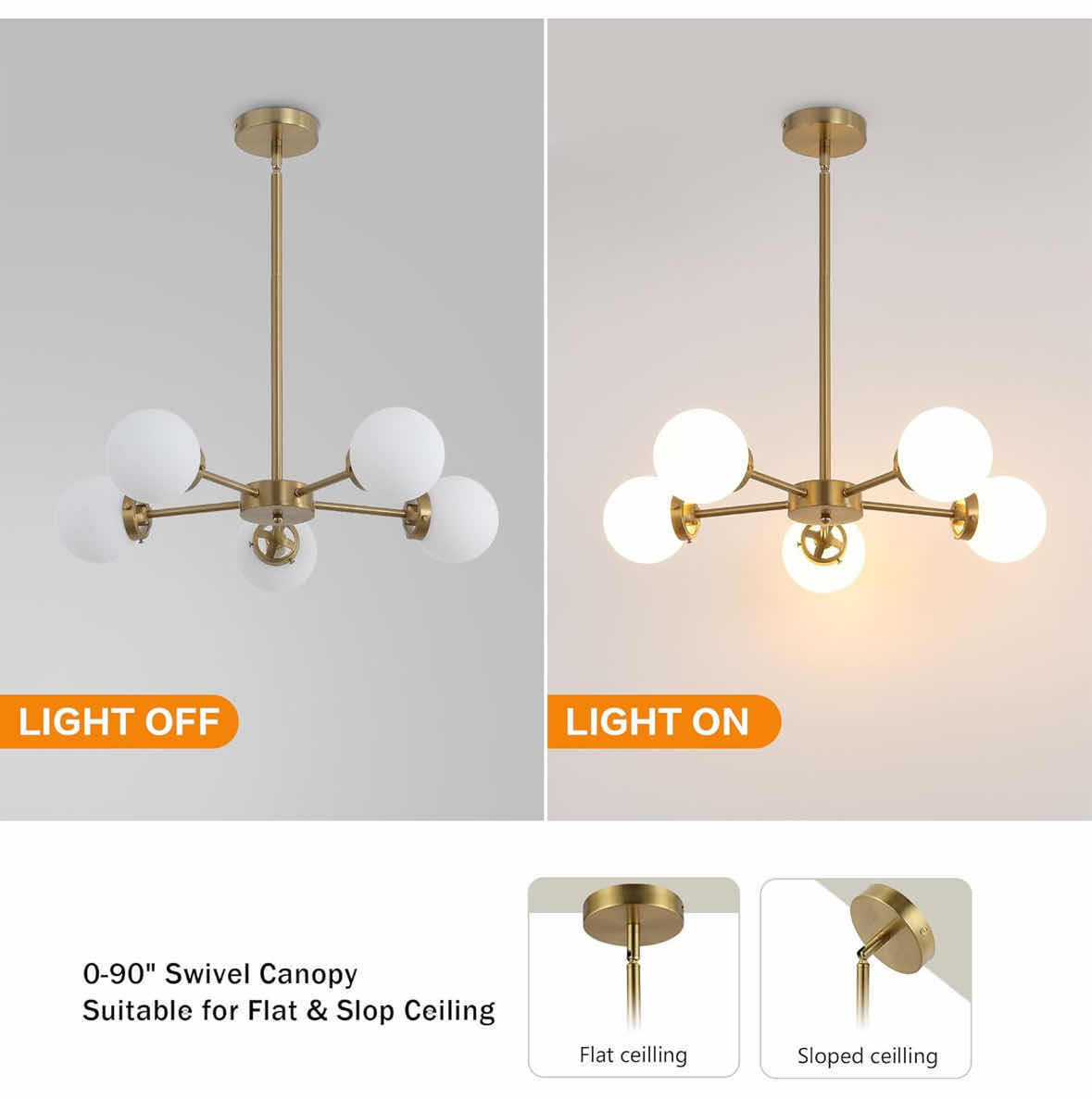 Photo 1 of NEW WINGBO 5-LIGHT SPUTNIK CHANDELIER, MODERN PENDANT LIGHT FIXTURE W 4.7” OPAL WHITE GLASS GLOBE SHADES FOR FLAT & SLOPED CEILING, GOLD