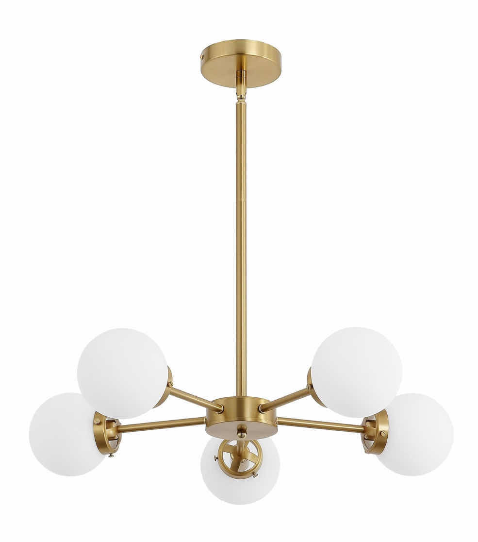 Photo 1 of NEW WINGBO 5-LIGHT SPUTNIK CHANDELIER, MODERN PENDANT LIGHT FIXTURE W 4.7” OPAL WHITE GLASS GLOBE SHADES FOR FLAT & SLOPED CEILING, GOLD