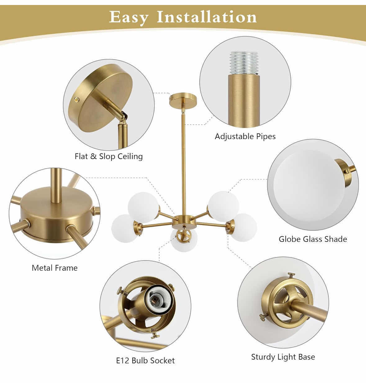 Photo 1 of NEW WINGBO 5-LIGHT SPUTNIK CHANDELIER, MODERN PENDANT LIGHT FIXTURE W 4.7” OPAL WHITE GLASS GLOBE SHADES FOR FLAT & SLOPED CEILING, GOLD