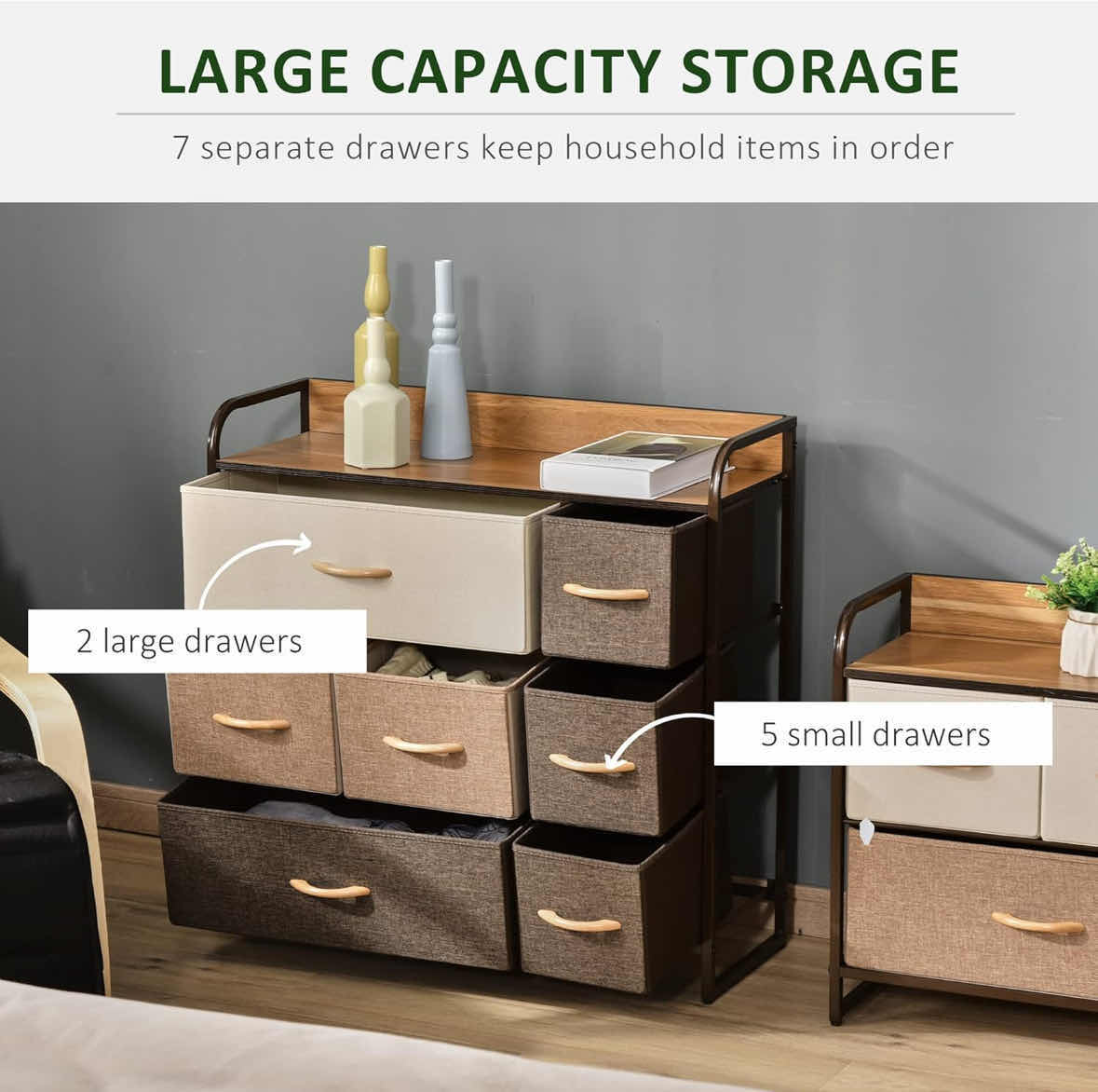 Photo 1 of HOMCOM 7-DRAWER DRESSER, 3-TIER FABRIC CHEST OF DRAWERS STORAGE ORGANIZER W STEEL FRAME, WOODEN TOP (MAPLE WOOD)