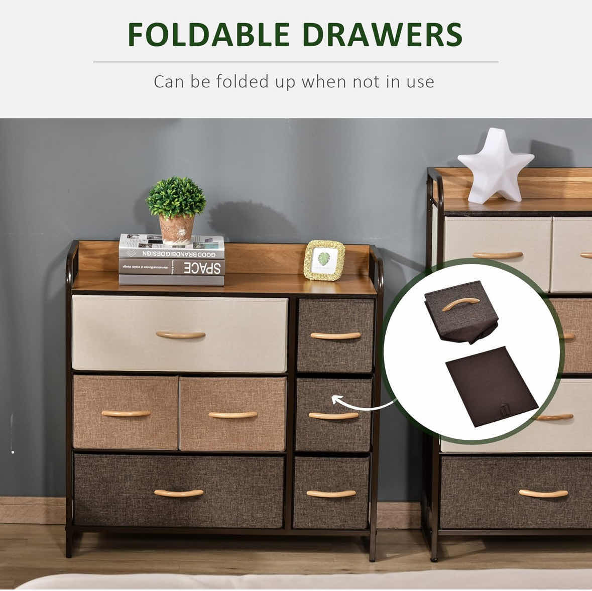 Photo 1 of HOMCOM 7-DRAWER DRESSER, 3-TIER FABRIC CHEST OF DRAWERS STORAGE ORGANIZER W STEEL FRAME, WOODEN TOP (MAPLE WOOD)