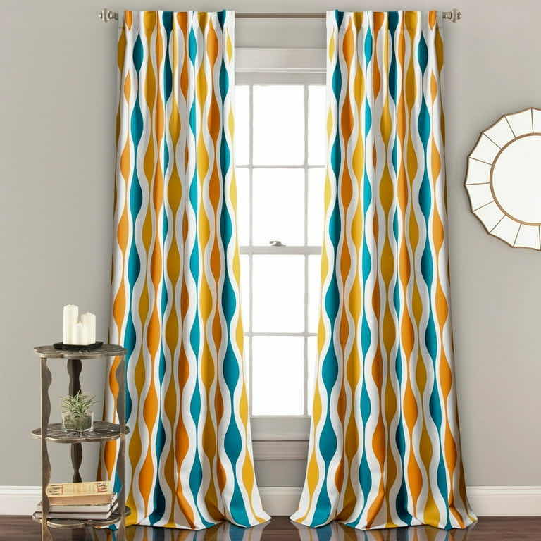 Photo 1 of HALF MOON 2 PC GEOMETRIC ROOM DARKENING CURTAIN SET, 84” X 52” (TURQUOISE/ORANGE)