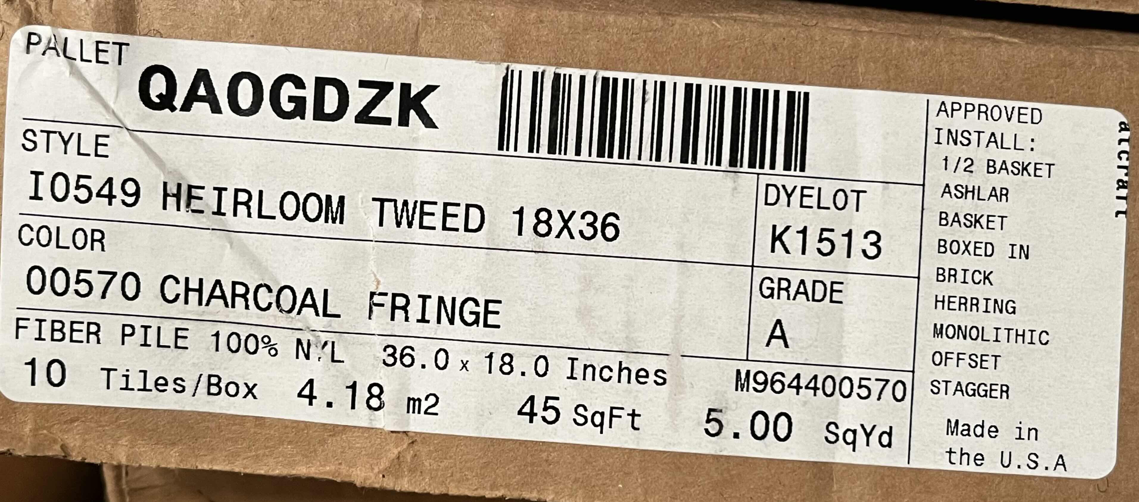 Photo 1 of PATCRAFT HEIRLOOM TWEED CHARCOAL FRINGE FINISH CARPET TILE 18” X 36” (45SQFT PER CASE/7CASES APPROX. 315SQFT TOTAL) READ NOTES