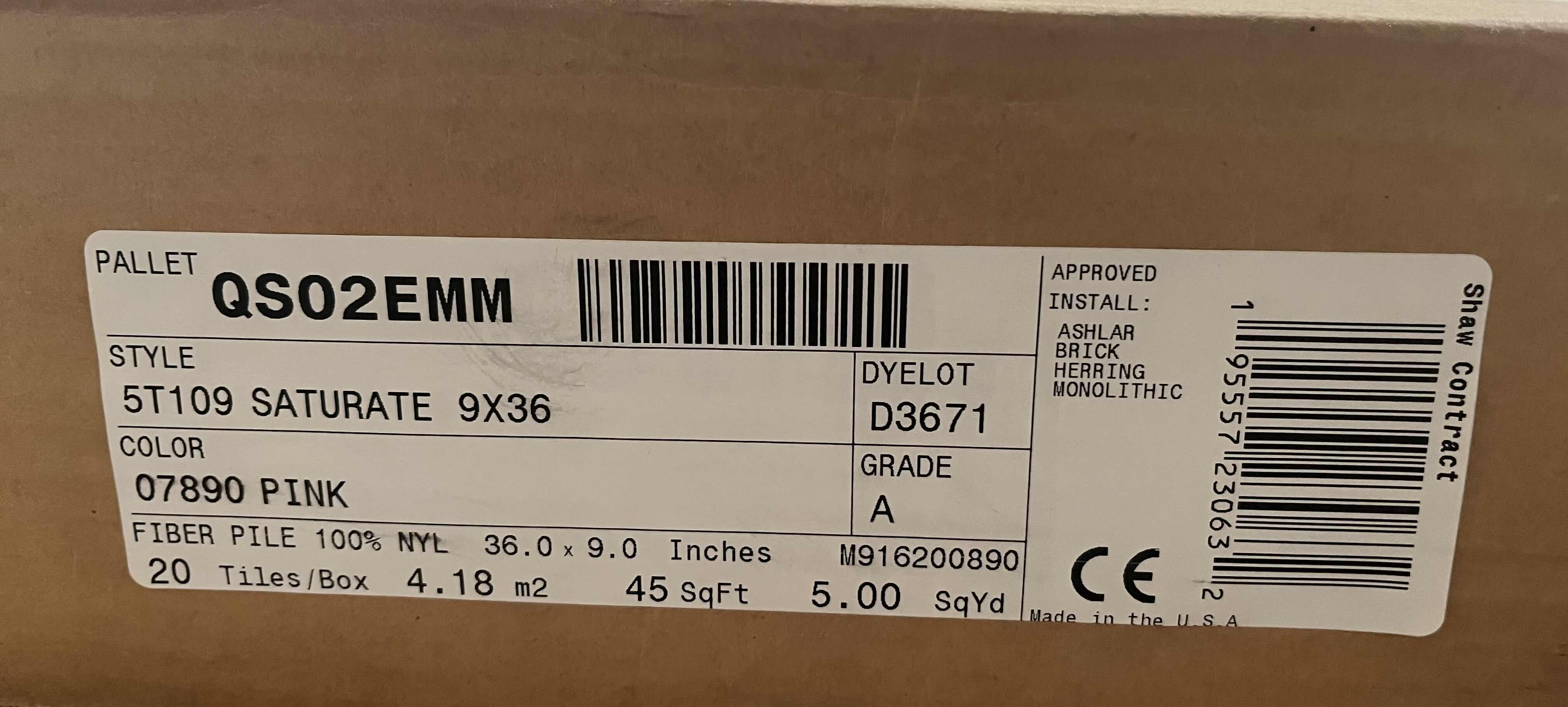 Photo 1 of SHAW SATURATE PINK FINISH CARPET TILE 9” X 36” (45SQFT PER CASE/13CASES APPROX. 585SQFT TOTAL) READ NOTES