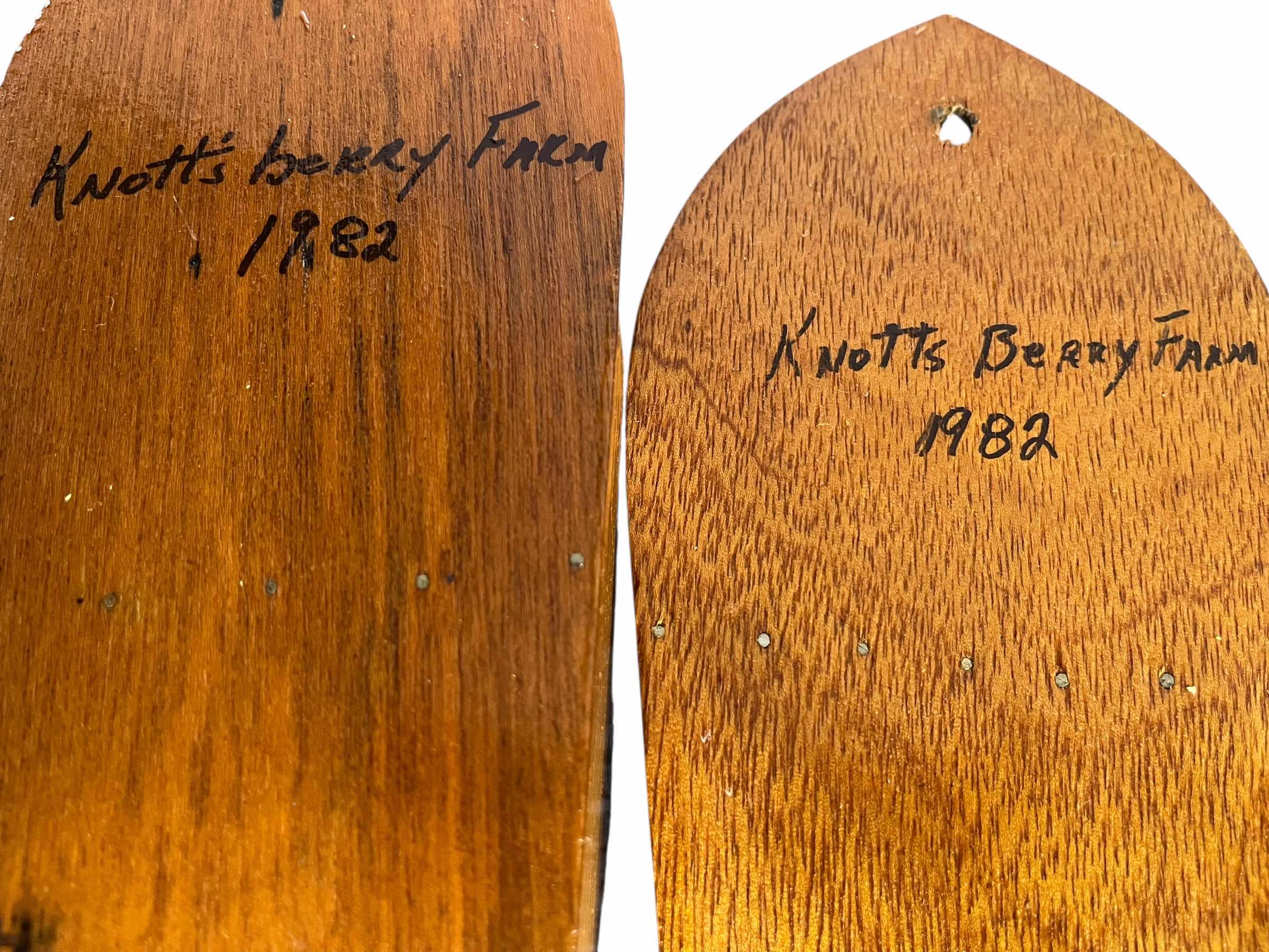 Photo 1 of KNOTTS BERRY FARM 1982 WOOD FLOWER HOLDERS (2) 4” X 1.75”/2.5” H9.5”/H16.25”