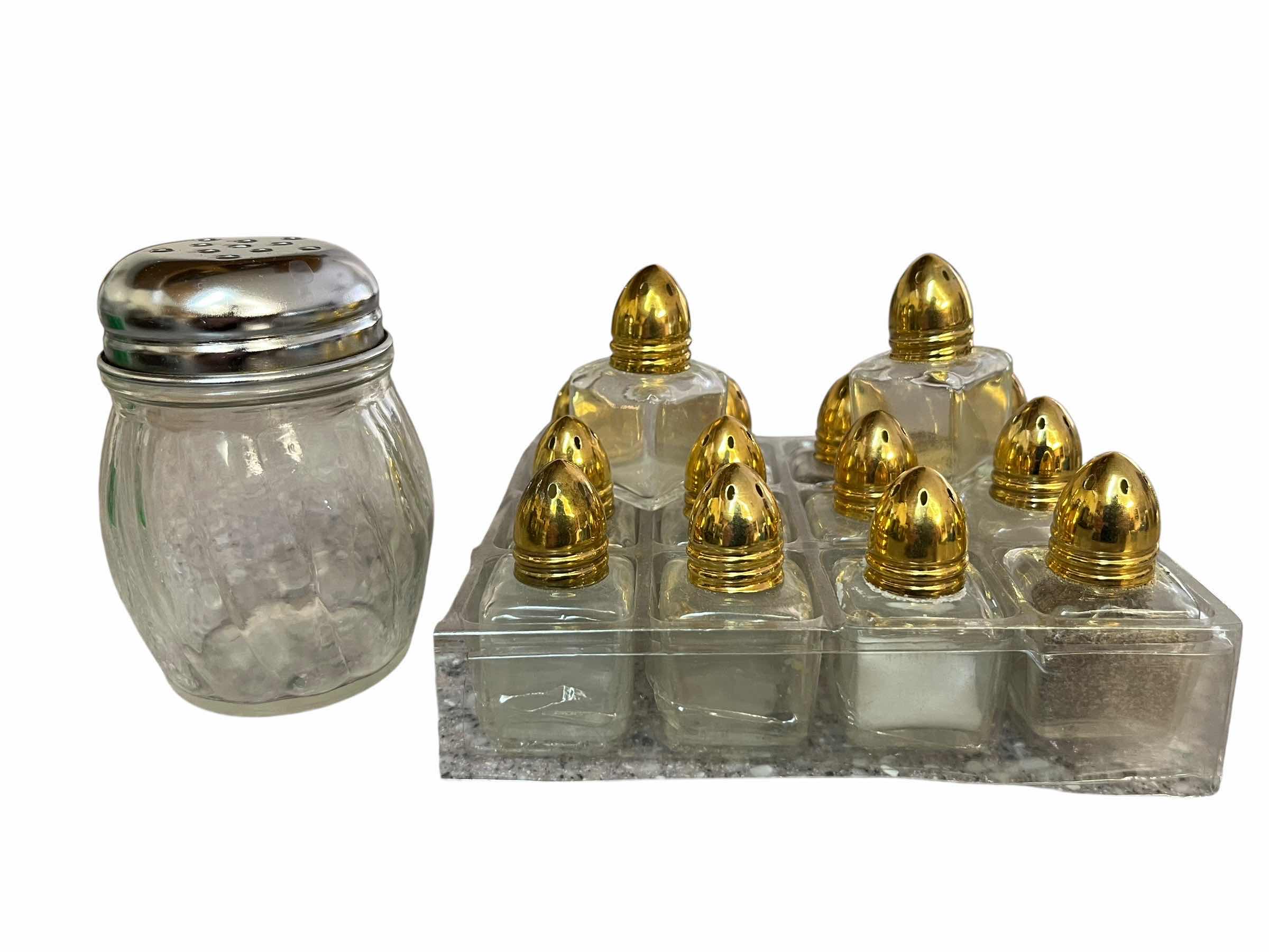 Photo 1 of PEPPER/PARMESAN GLASS, SHAKER H3.5” W GOLD FINISH TOP GLASS MINI SALT & PEPPER SHAKERS (14) H2”