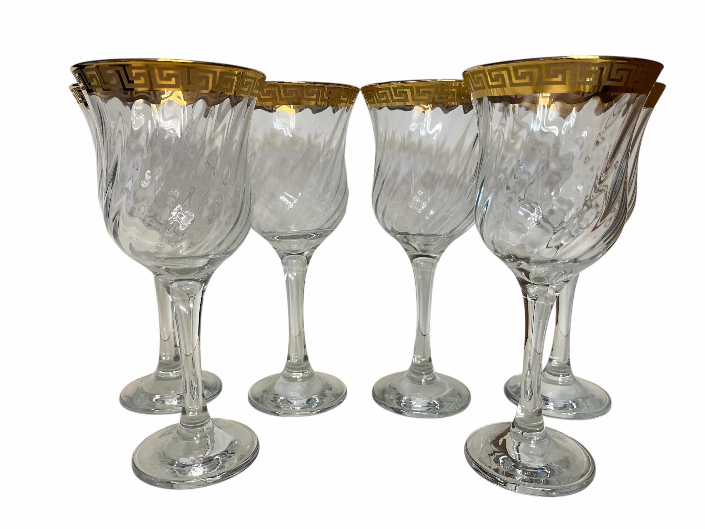 Photo 1 of LORREN HOME TRENDS FLORENCE CORDIAL 24K GOLD PLATED TRIM WINE GLASSES (6) H7.5”
