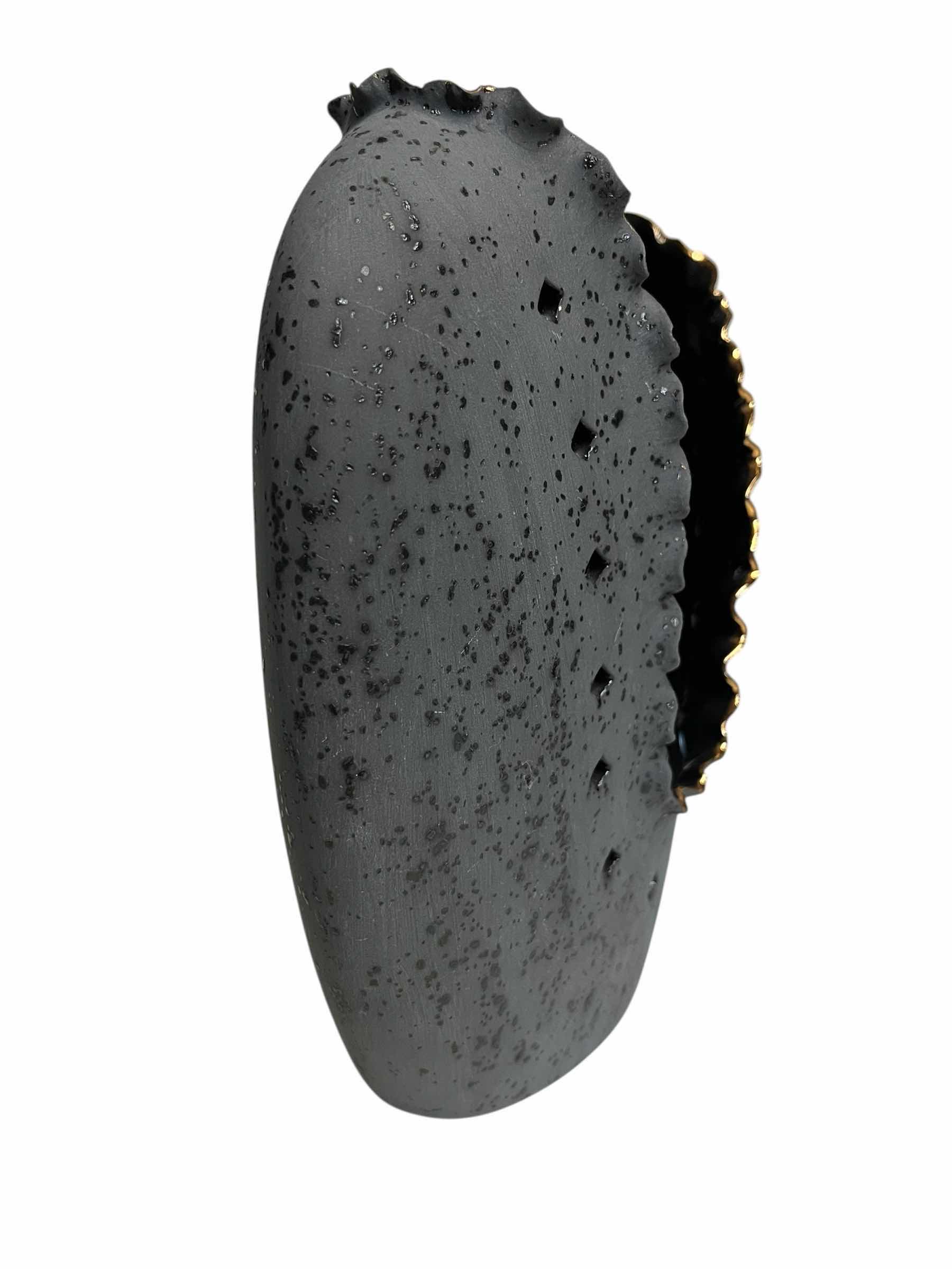 Photo 1 of MATTE SLATE BLACK & GOLD TRIM RUFFLED EDGE VASE 8” X 3.5” H8.5”