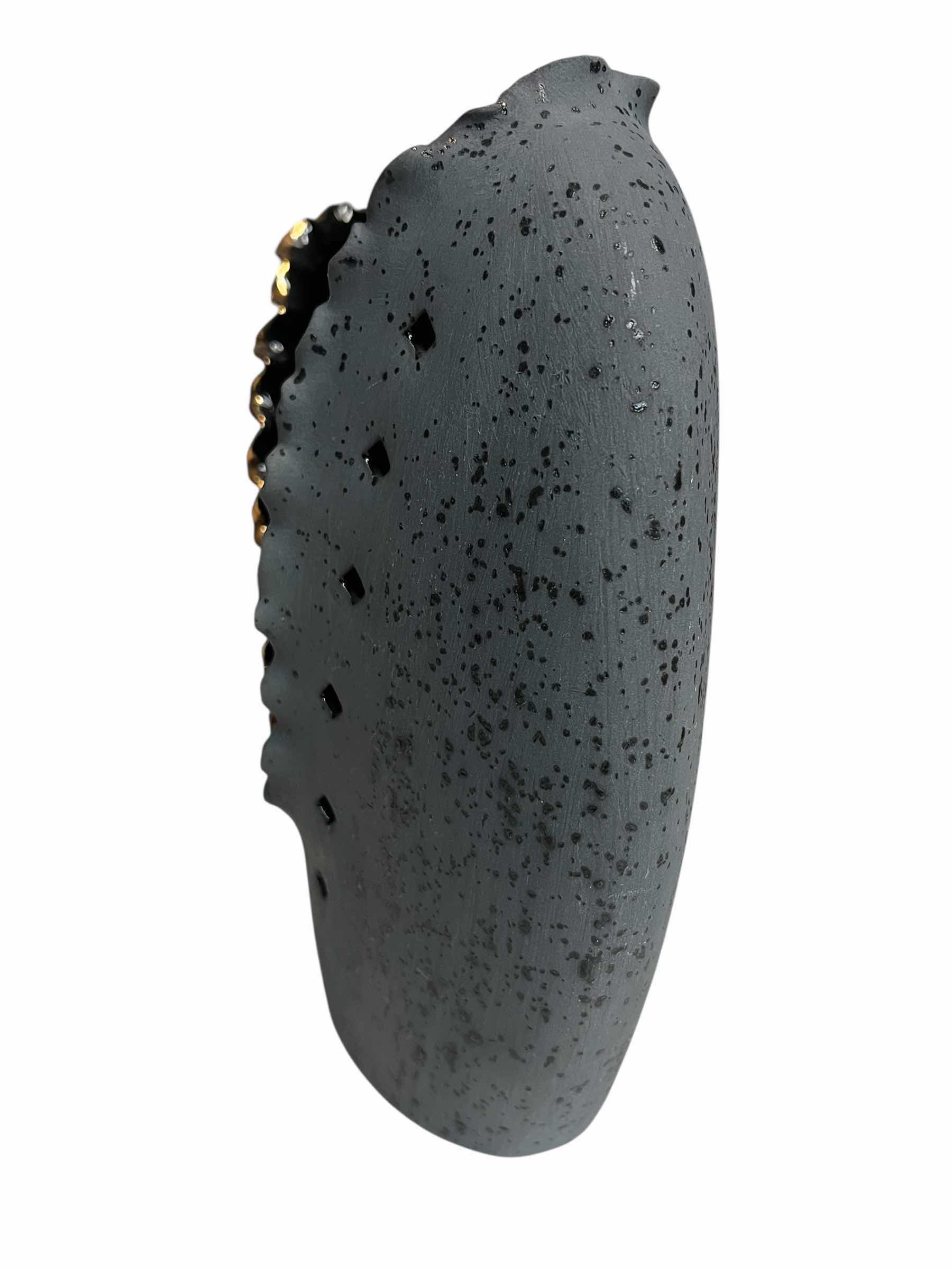 Photo 1 of MATTE SLATE BLACK & GOLD TRIM RUFFLED EDGE VASE 8” X 3.5” H8.5”