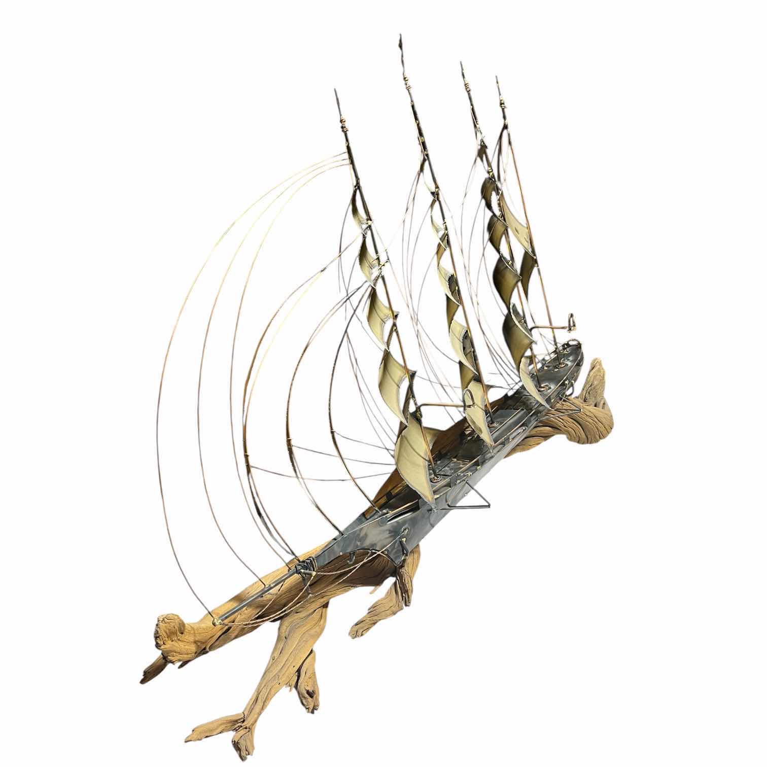 Photo 1 of CAPE HOPE SHIP NAUTICAL BRASS & COPPER TONE METAL WALL ART SCULPTURE ON DRIFTWOOD SIGNED BY JAMES HACKER YR’85 44” X 8” H28”