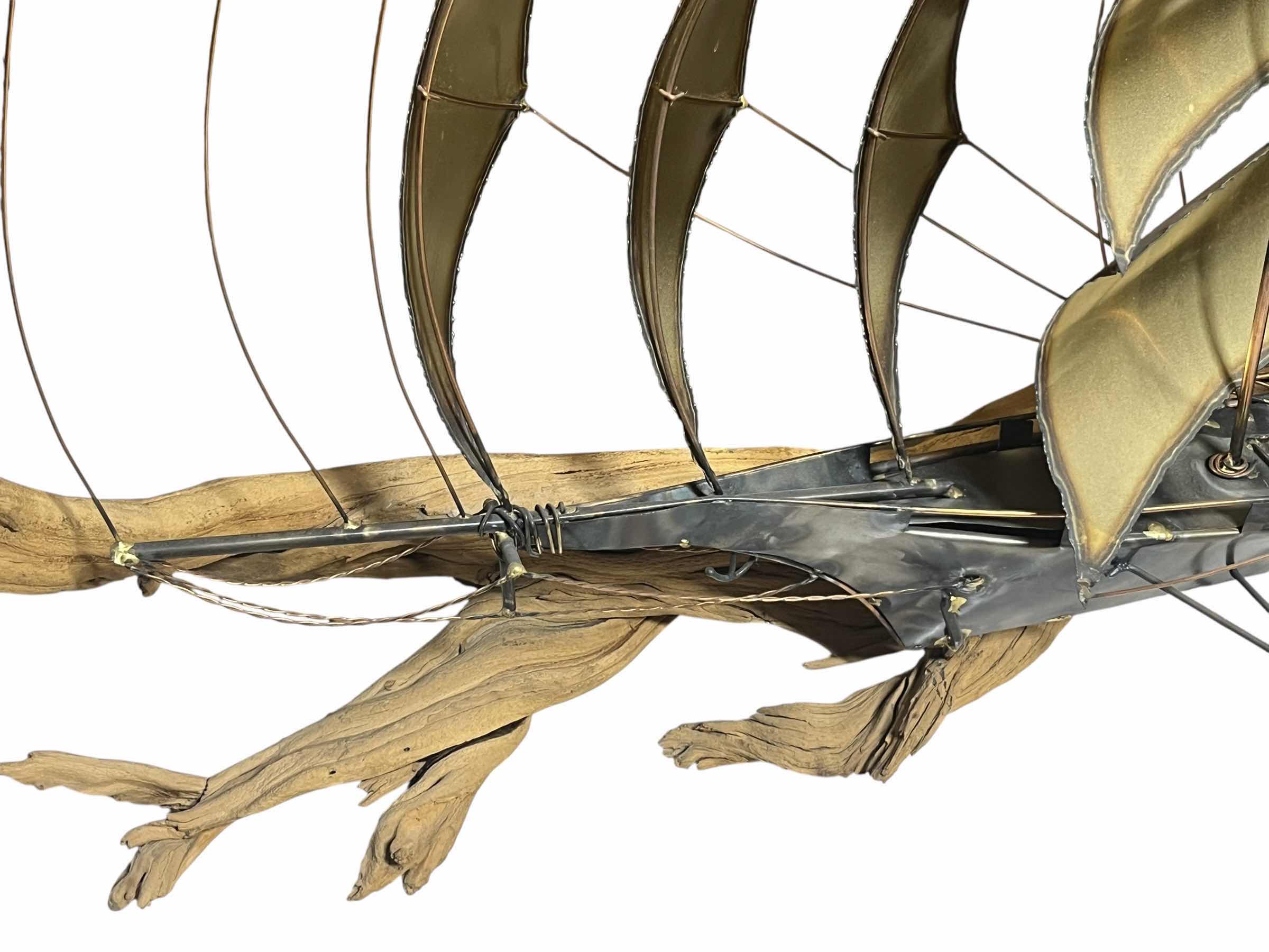 Photo 1 of CAPE HOPE SHIP NAUTICAL BRASS & COPPER TONE METAL WALL ART SCULPTURE ON DRIFTWOOD SIGNED BY JAMES HACKER YR’85 44” X 8” H28”