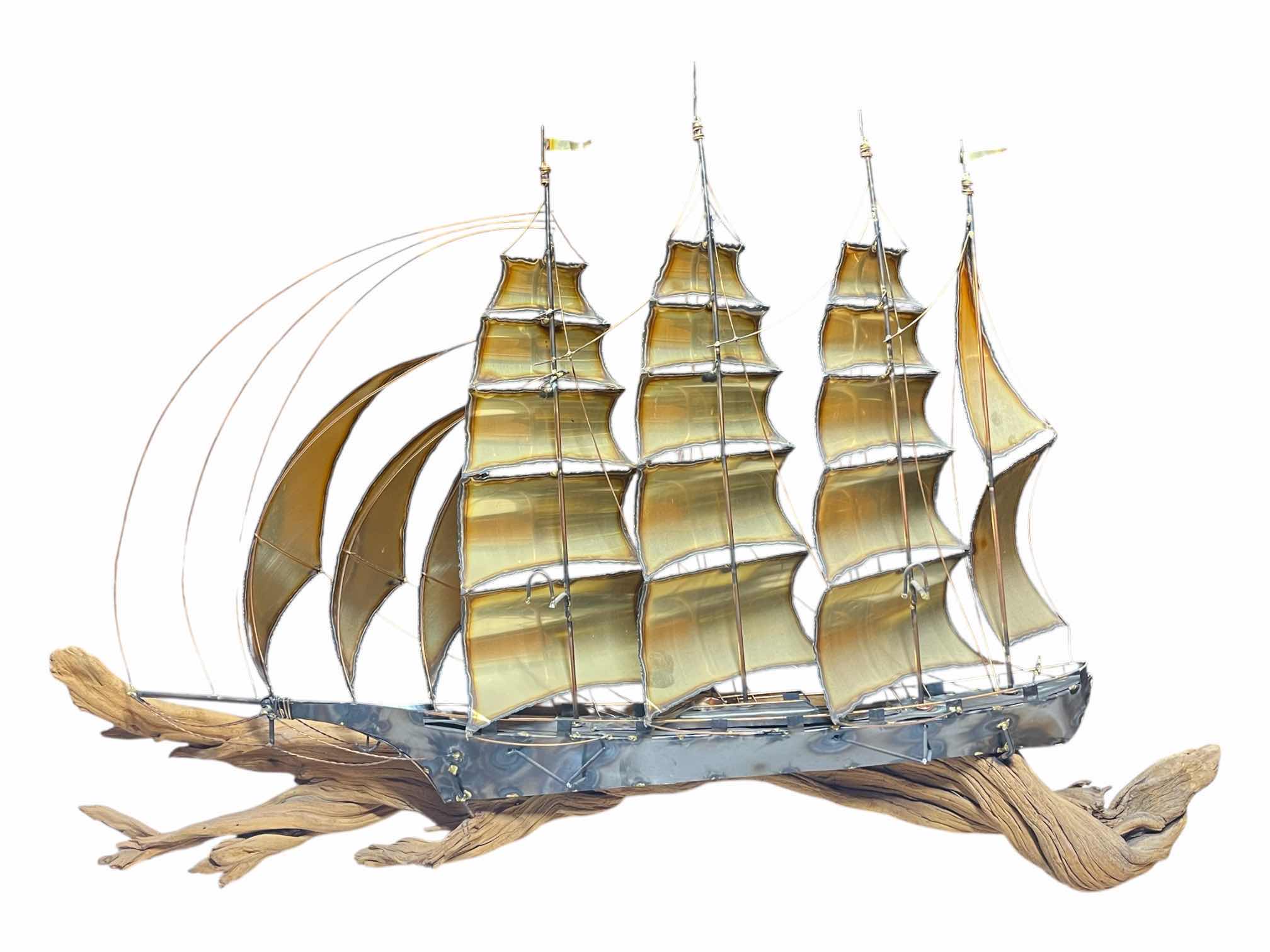 Photo 1 of CAPE HOPE SHIP NAUTICAL BRASS & COPPER TONE METAL WALL ART SCULPTURE ON DRIFTWOOD SIGNED BY JAMES HACKER YR’85 44” X 8” H28”