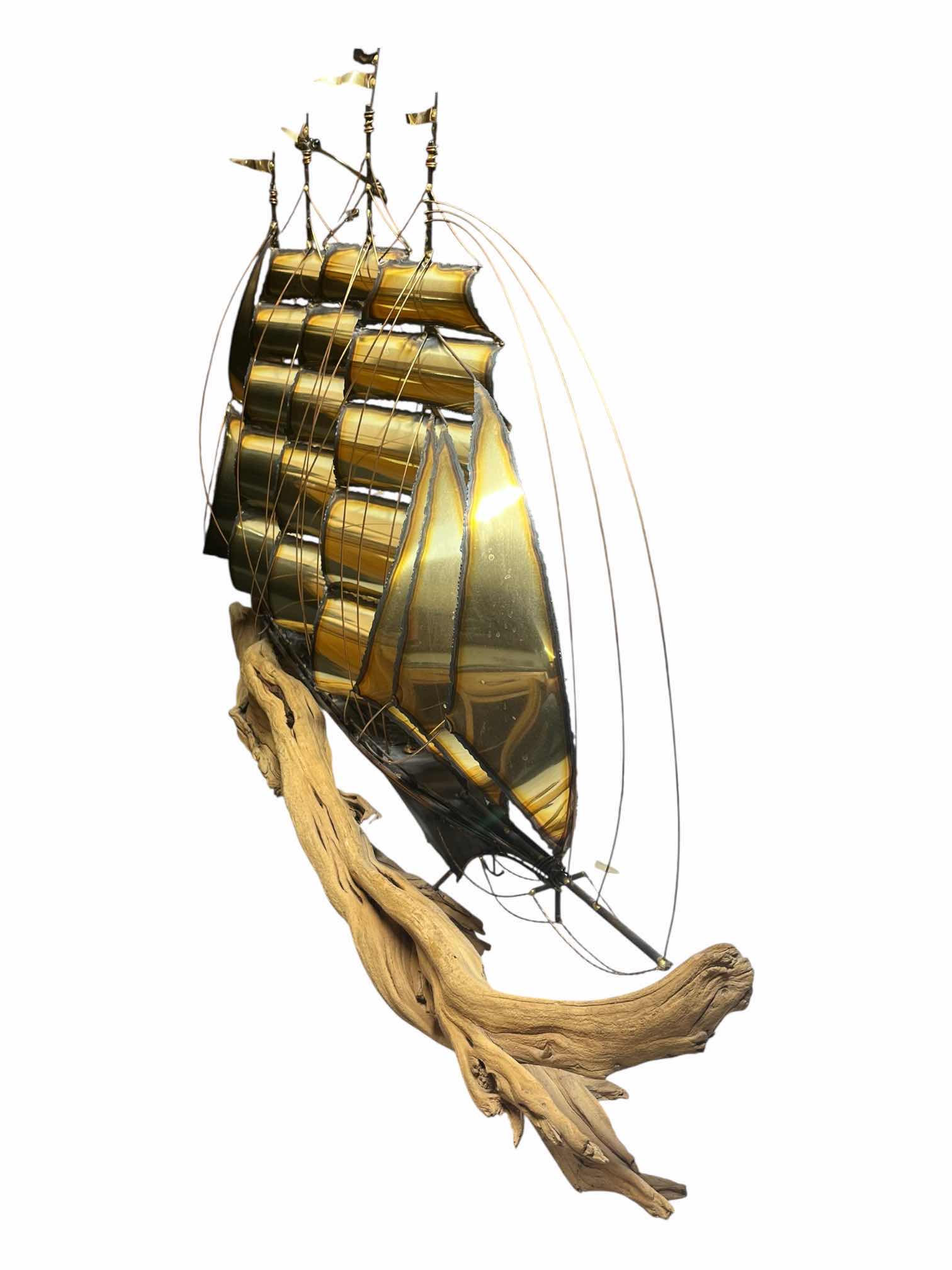 Photo 1 of CAPE HOPE SHIP NAUTICAL BRASS & COPPER TONE METAL WALL ART SCULPTURE ON DRIFTWOOD SIGNED BY JAMES HACKER YR’85 44” X 8” H28”