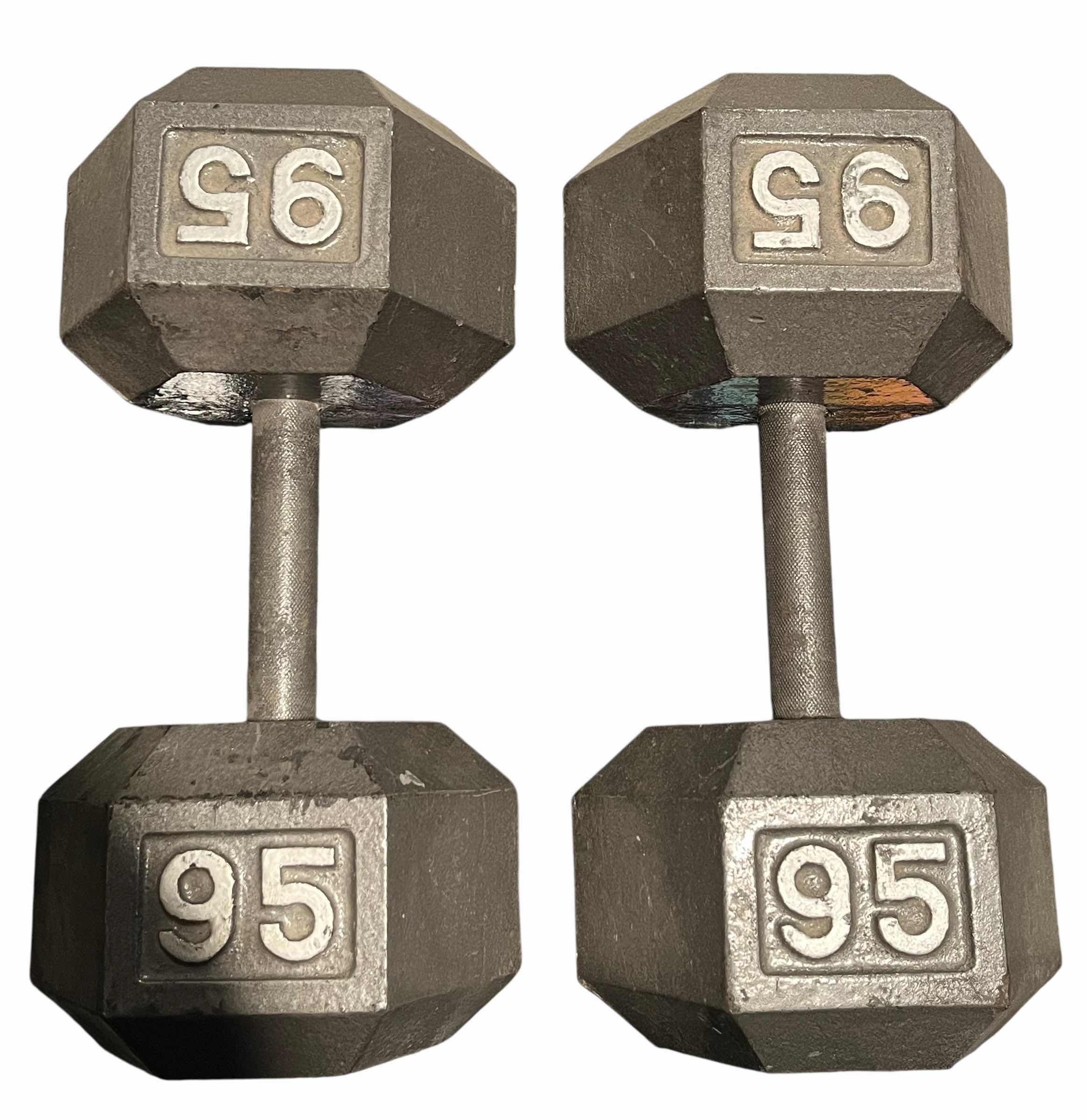 Photo 1 of 95LB SOLID IRON HEX DUMBBELL PAIR/SET (READ NOTES)