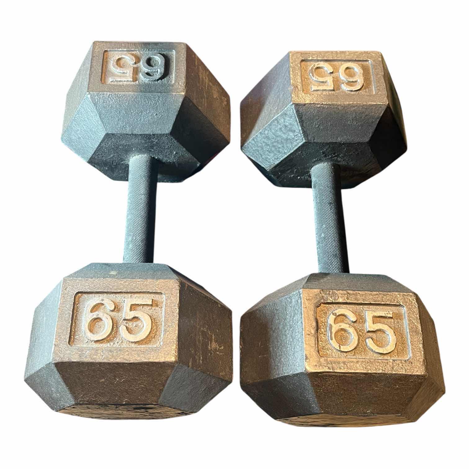 Photo 1 of 65LB SOLID IRON HEX DUMBBELL PAIR/SET (READ NOTES)