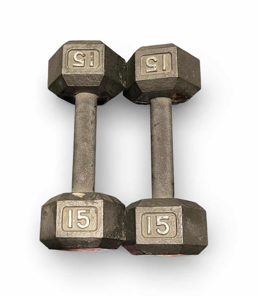 Photo 1 of 15LB SOLID IRON HEX DUMBBELL PAIR/SET (READ NOTES)