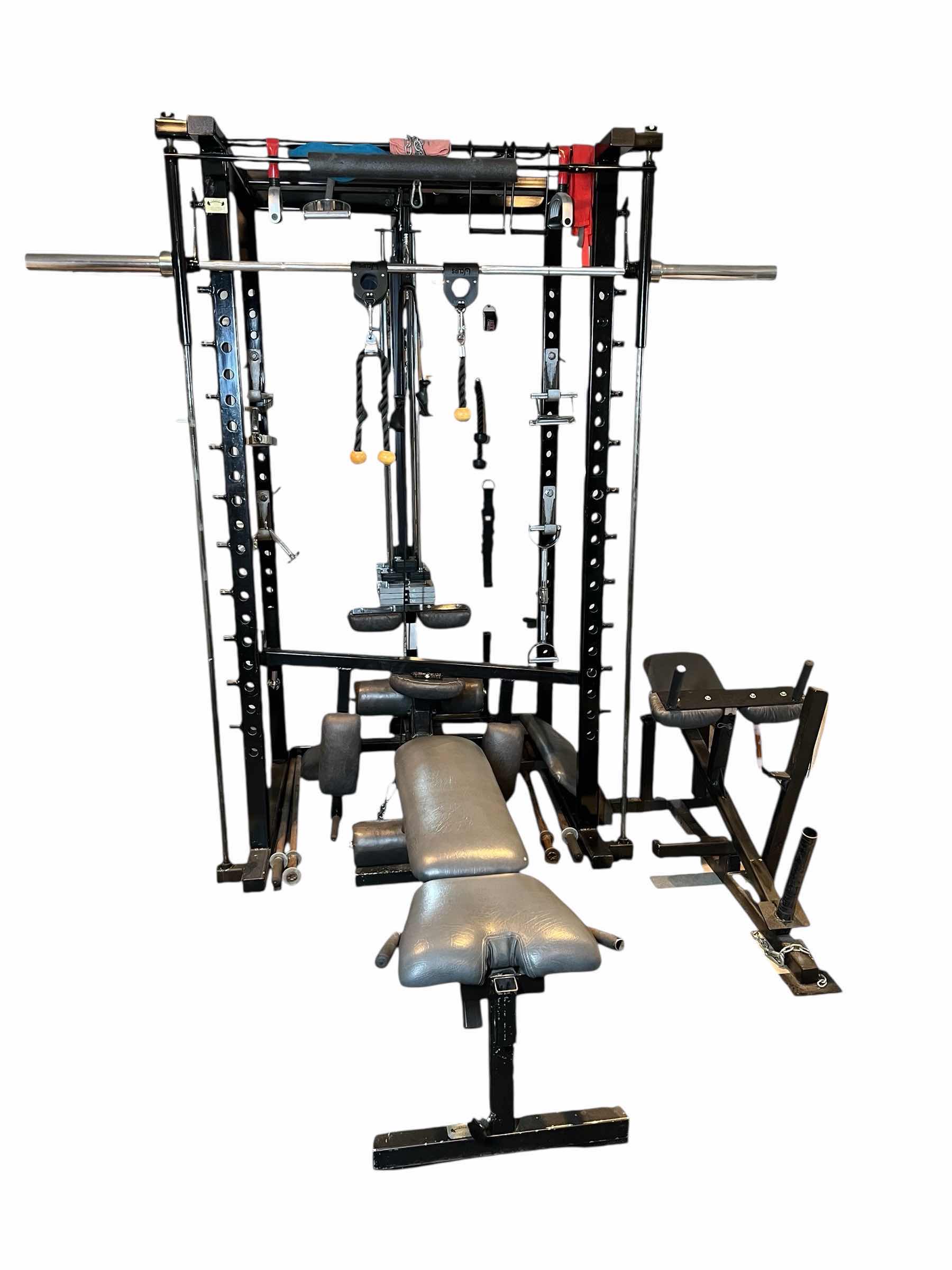 Photo 1 of JESCO/ IVANKO GYM EQUIPMENT MULTIFUNCTION POWER RACK ALL-IN-ONE EXERCISE WEIGHT MACHINE 15LB-300LB W BENCH, BENCH SEAT & ATTACHMENTS (READ NOTES)