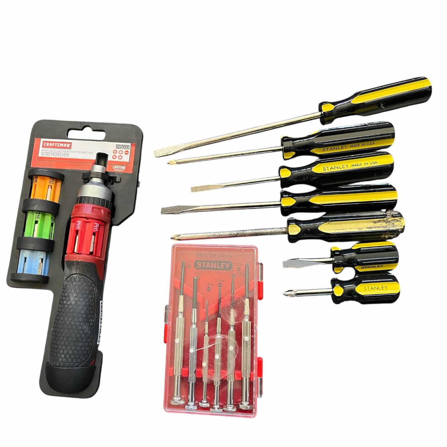 Photo 1 of CRAFTSMAN 24-IN 1 AUTO LOADING RATCHET SCREWDRIVER, STANLEY SCREWDRIVER SETS (2) W VARIOUS SCREWDRIVERS