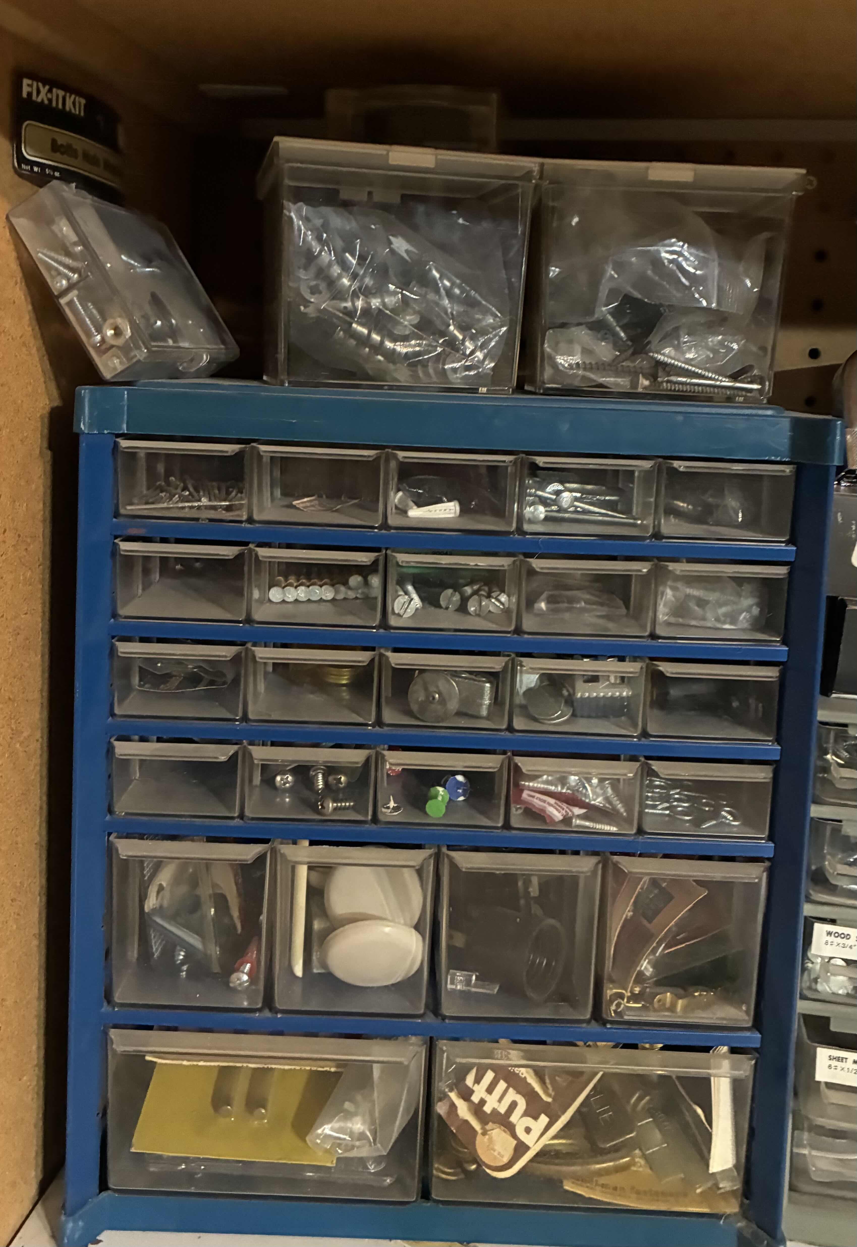 Photo 1 of HARDWARE CHESTS (3) W MULTIPURPOSE HARDWARE & ARROW FASTENER STAPLE GUN