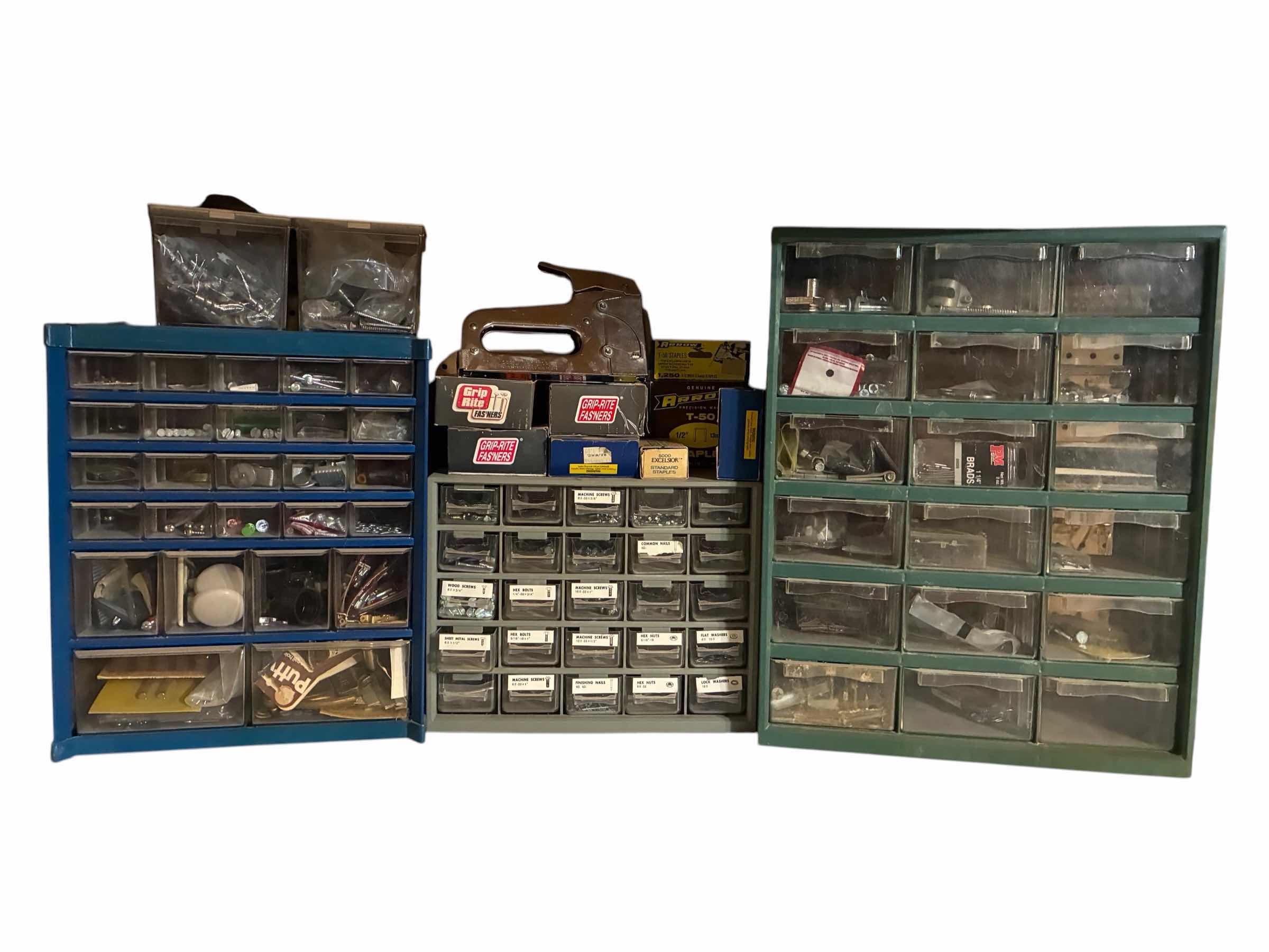 Photo 1 of HARDWARE CHESTS (3) W MULTIPURPOSE HARDWARE & ARROW FASTENER STAPLE GUN