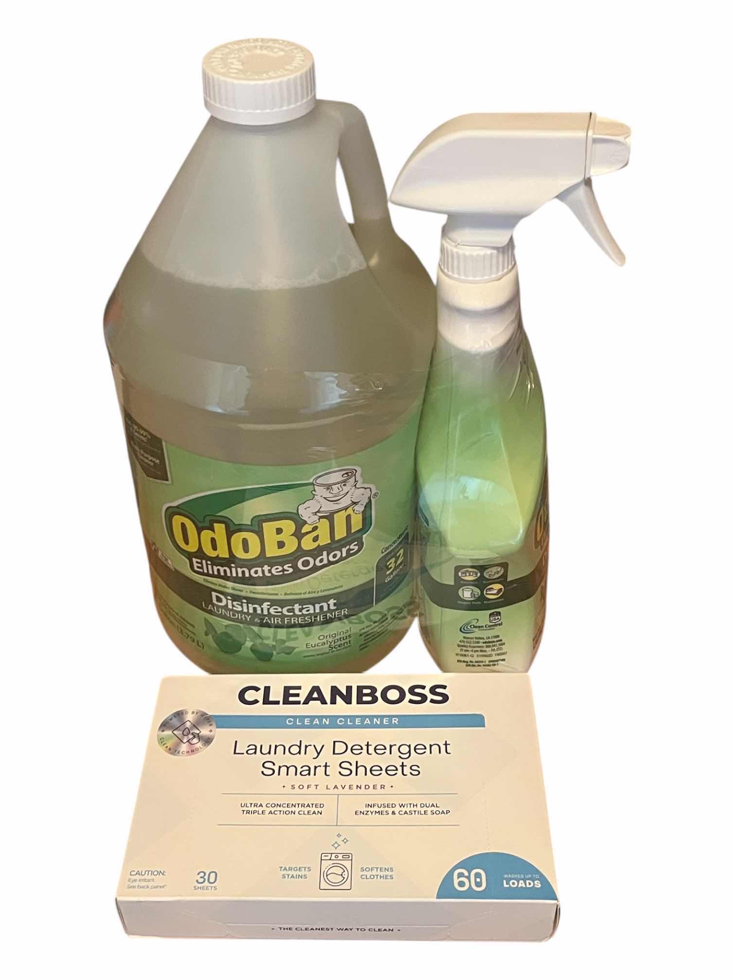 Photo 1 of ODOBAN ELIMINATE ODOR DISINFECTING LAUNDRY/AIR FRESHENER 1GAL W 1QT SPRAY BOTTLE & CLEANBOSS SOFT LAVENDER LAUNDRY DETERGENT SMART SHEETS 30SHEETS