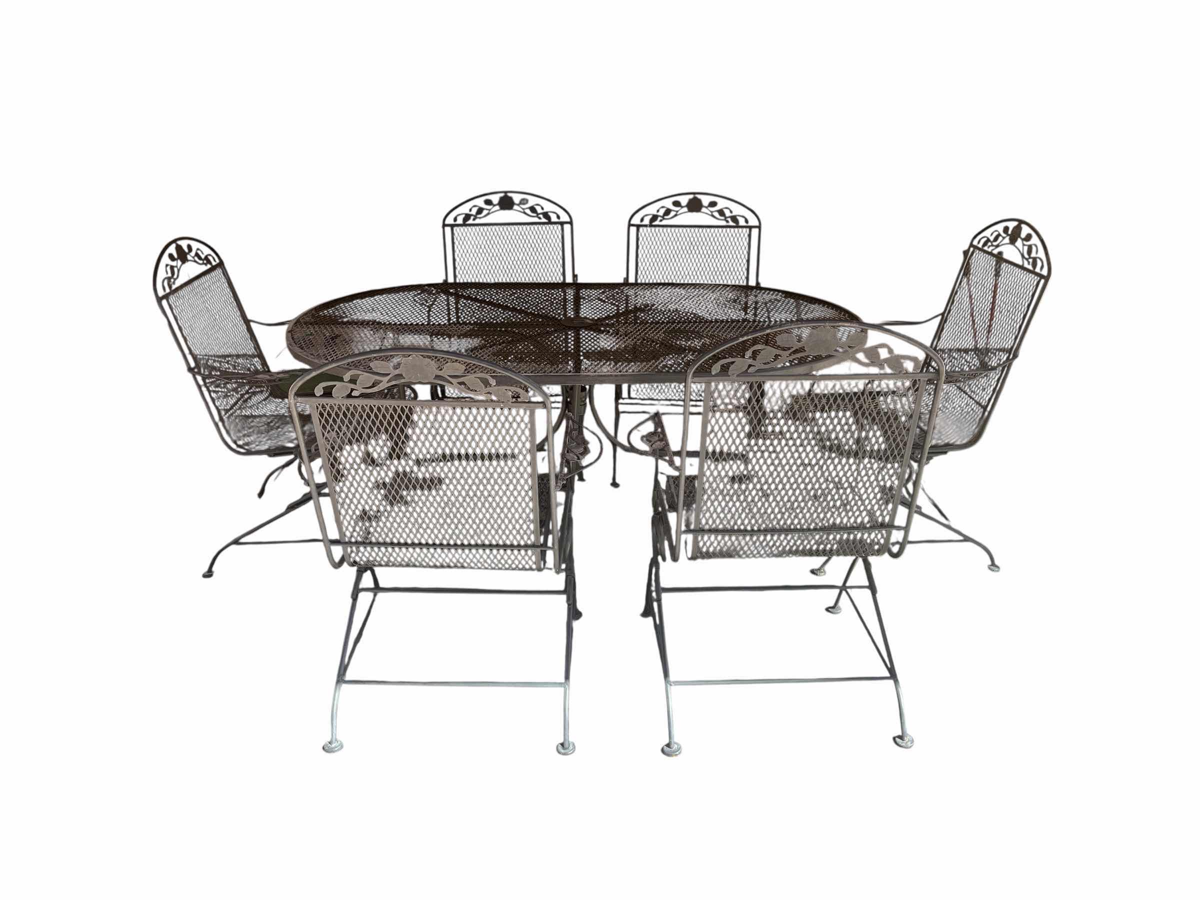 Photo 1 of WOODARD FLORAL ACCENTED WROUGHT IRON MESH PATIO TABLE & 6 CHAIR SET (READ NOTES)