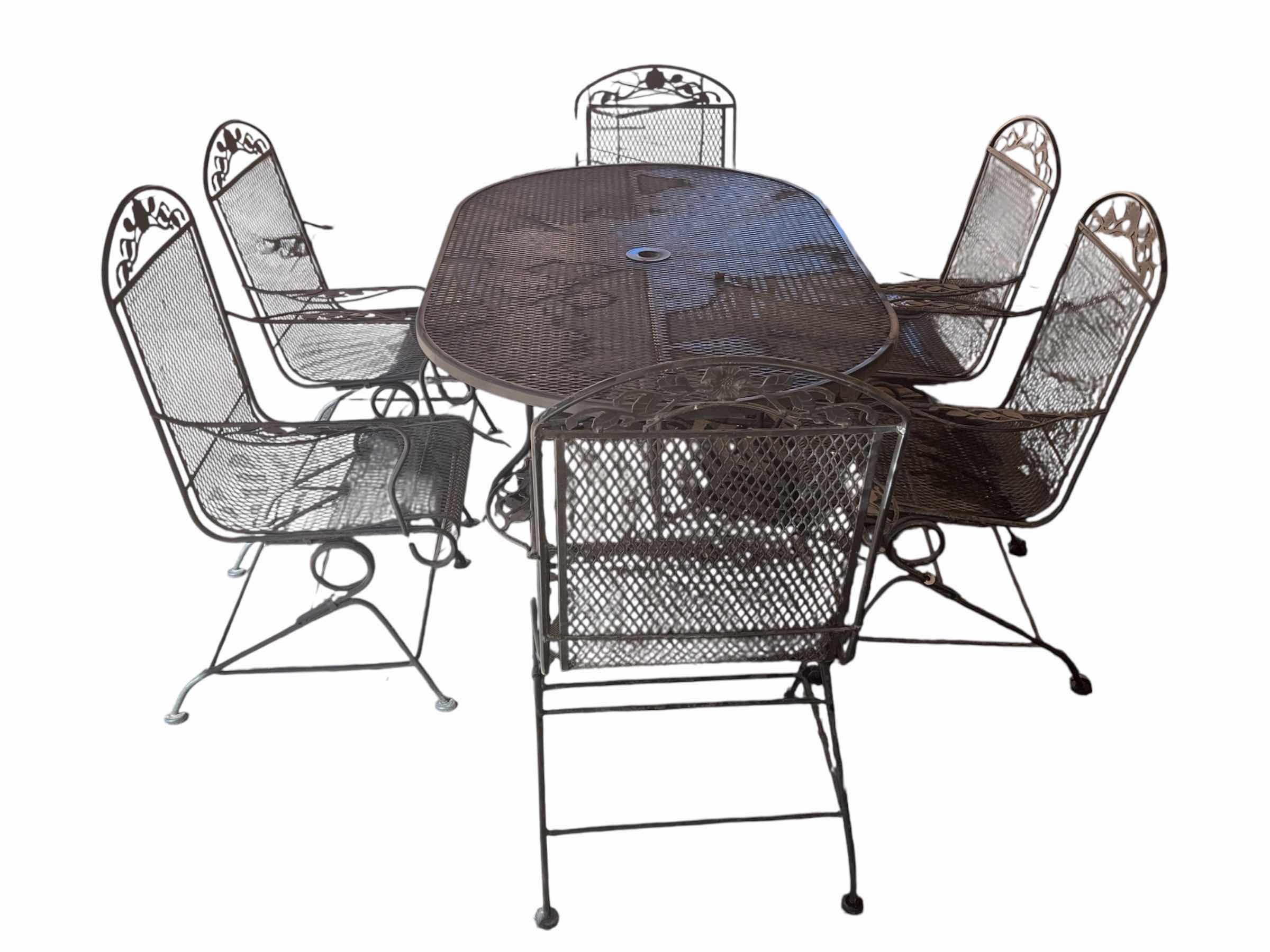 Photo 1 of WOODARD FLORAL ACCENTED WROUGHT IRON MESH PATIO TABLE & 6 CHAIR SET (READ NOTES)