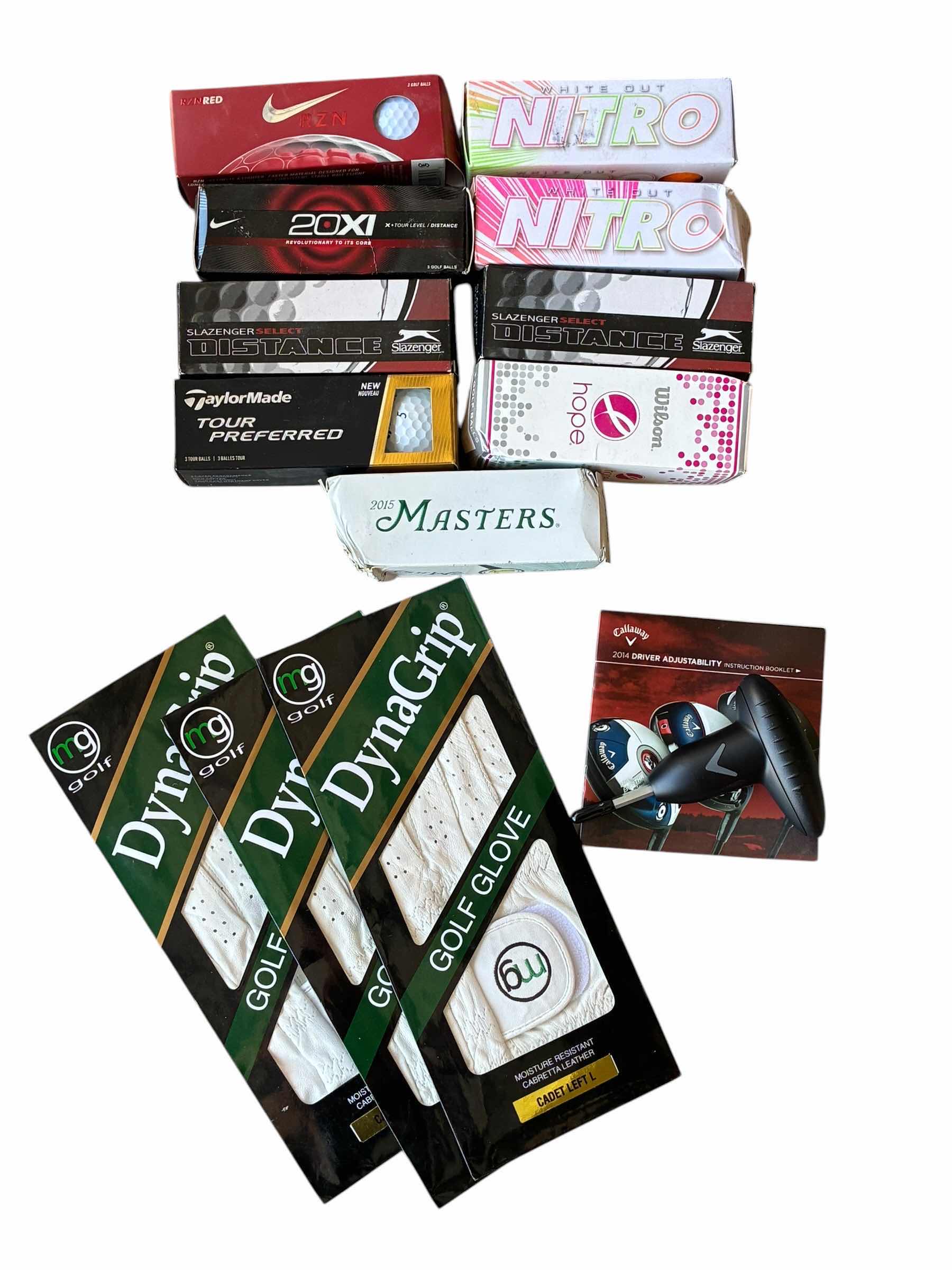 Photo 1 of GOLF BALLS SETS (9), MG DYNAGRIP LG LEFT CADET GLOVES (3) & CALLAWAY DRIVER ADJUSTER