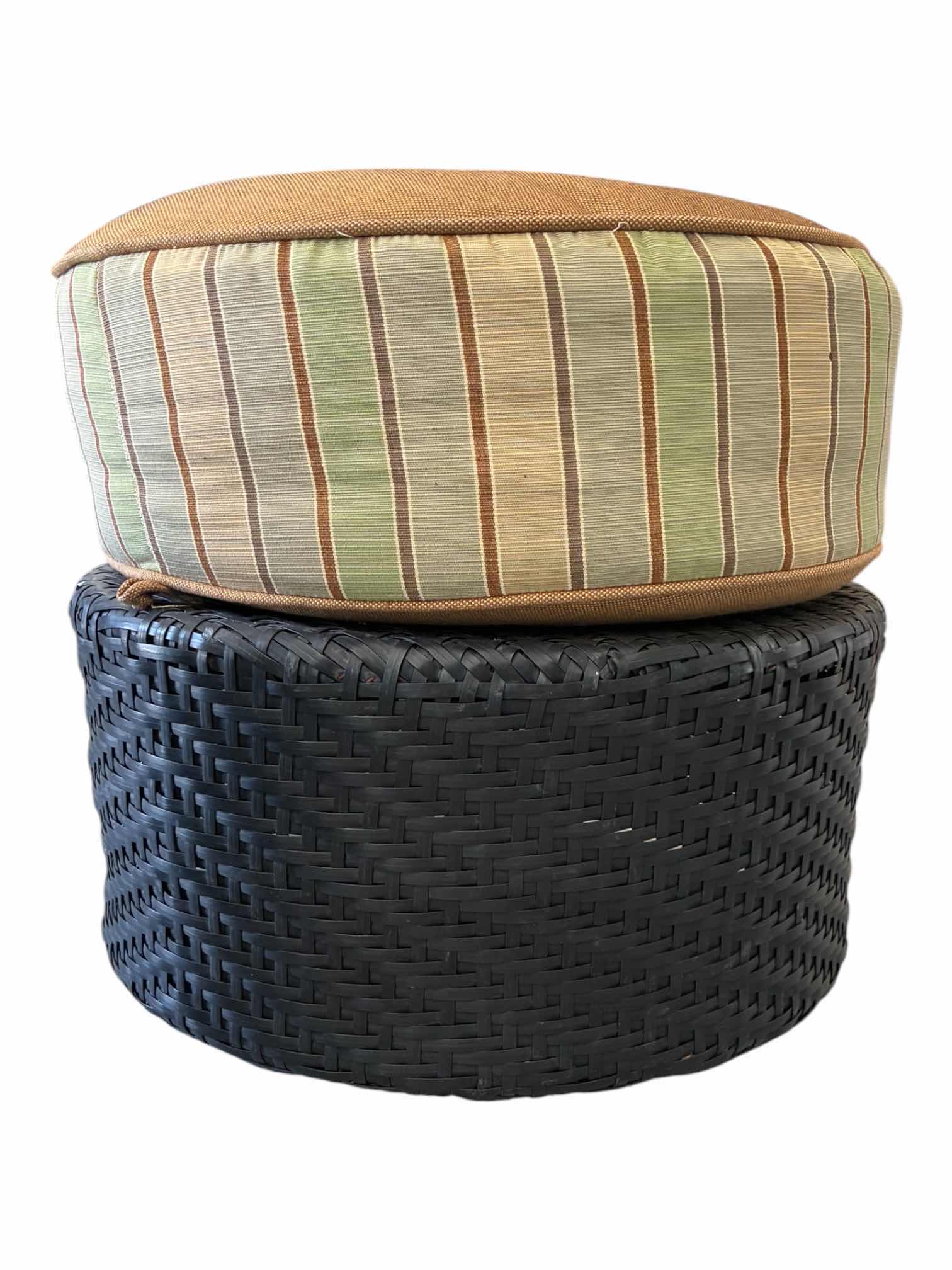 Photo 1 of ROUND BLACK WOVEN STOOL W STRIPED CUSHION 20“ X 18“