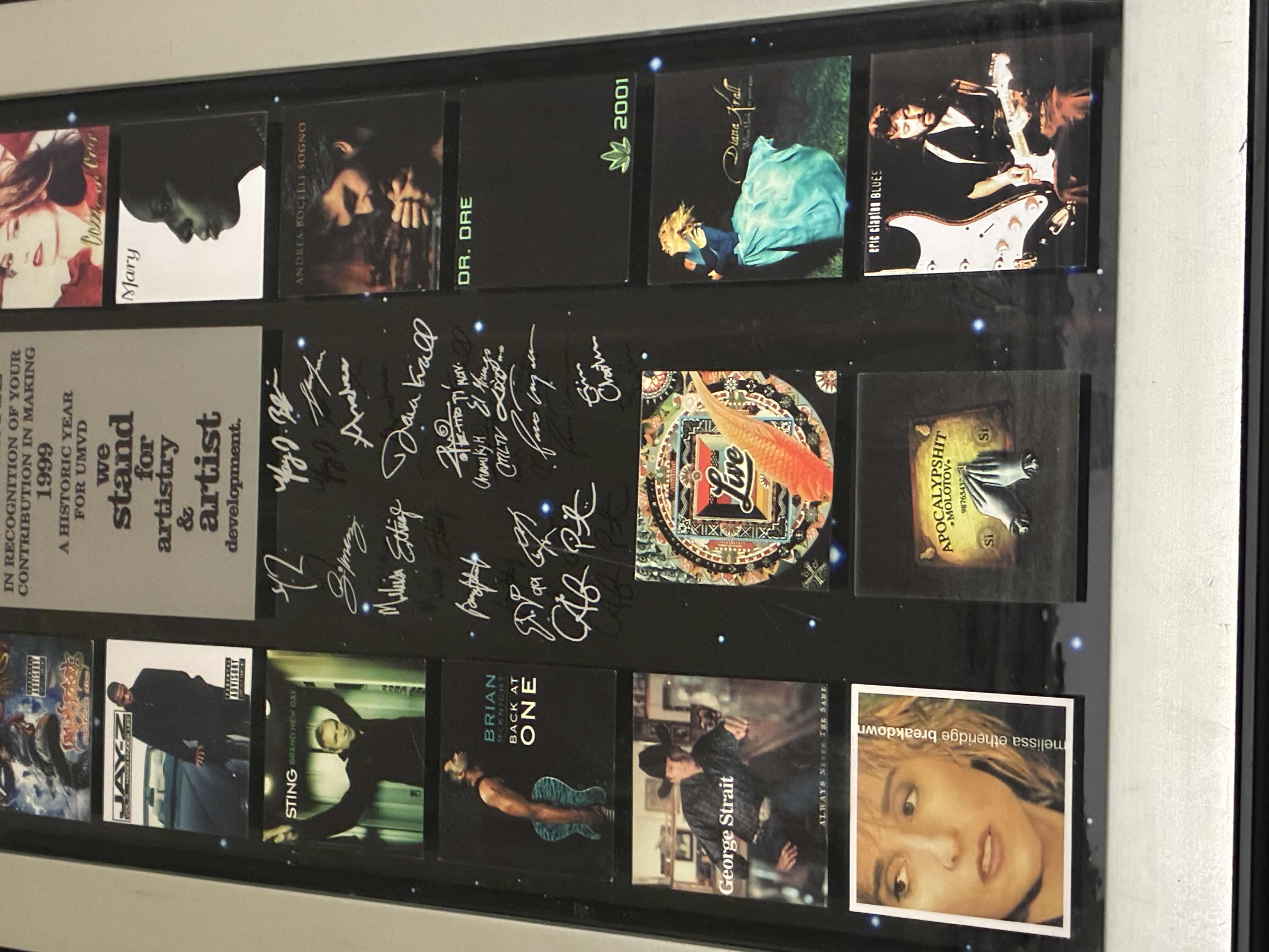 Photo 1 of UNIVERSAL STUDIOS MUSIC & VIDEO DISTRIBUTION PRESENTED TO BETTY CRUZ AND RECOGNITION OF YOUR CONTRIBUTION AND MAKING 1999 A HISTORICAL YEAR FOR UMVD WE STAND FOR ARTISTRY AND ARTIST DEVELOPMENT PLAQUE SIGNED BY MULTIPLE FAMOUS MUSICIANS 15“ X 29“