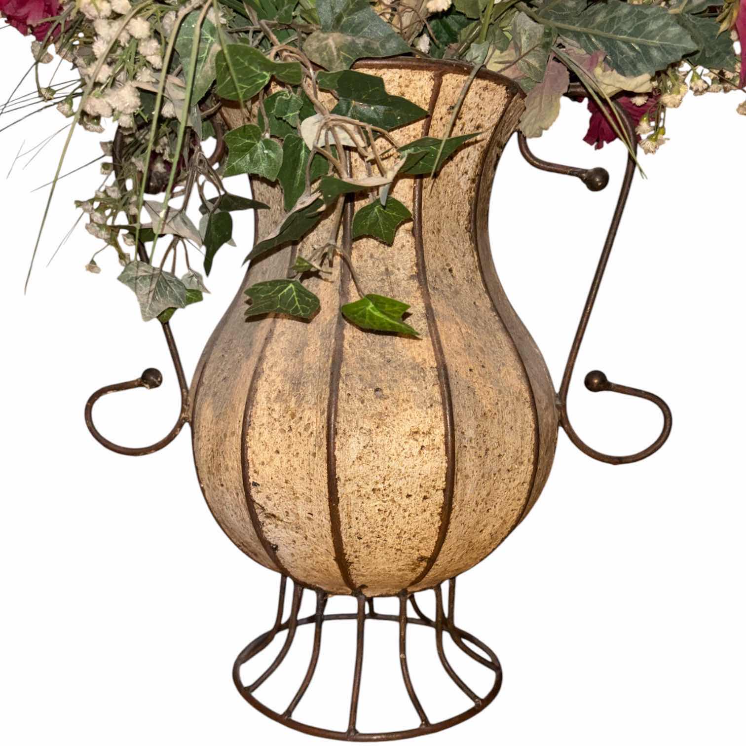 Photo 1 of VINTAGE STONE & IRON URN W 37” FAUX FLOWER ARRANGEMENT