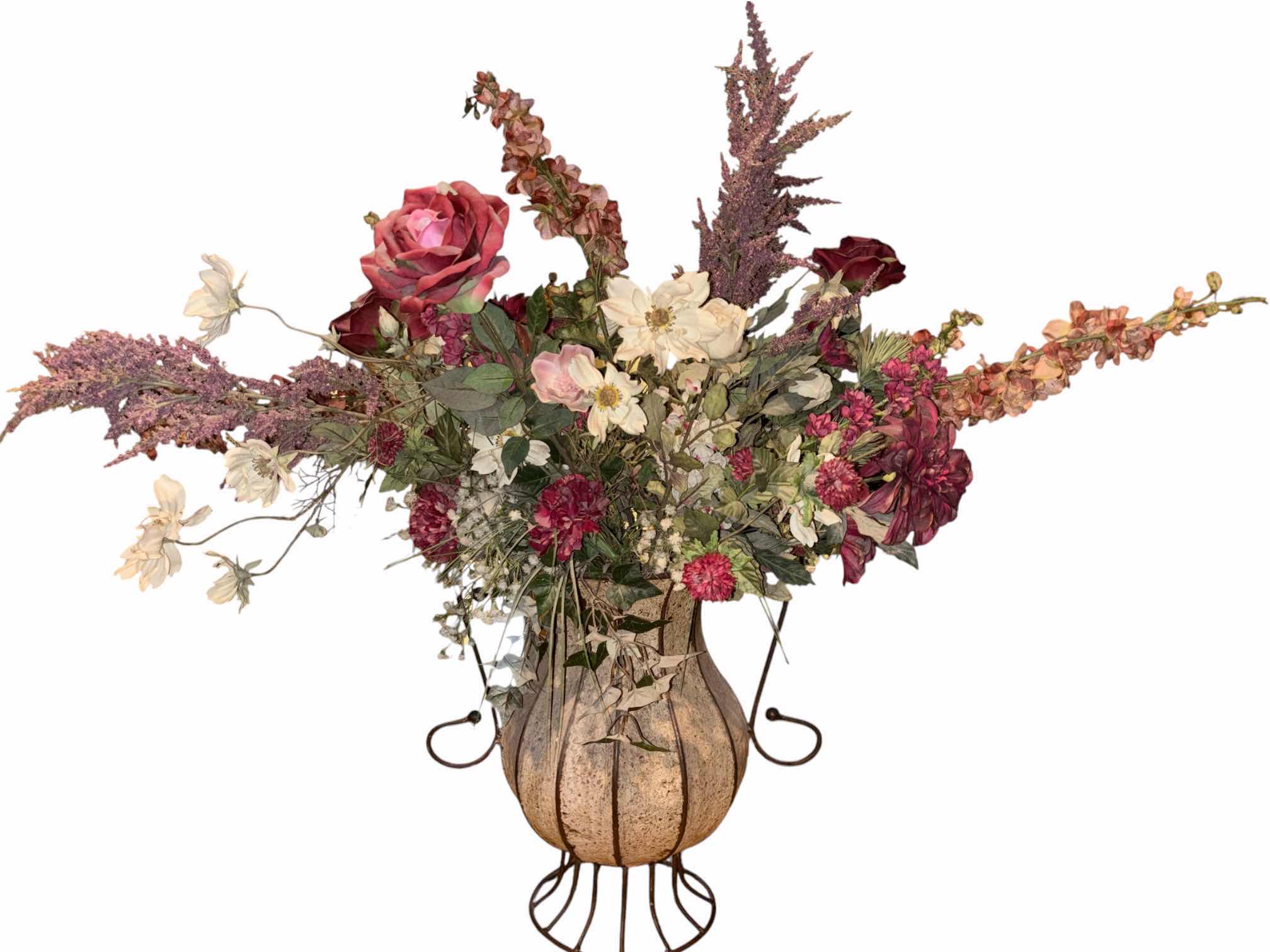 Photo 1 of VINTAGE STONE & IRON URN W 37” FAUX FLOWER ARRANGEMENT