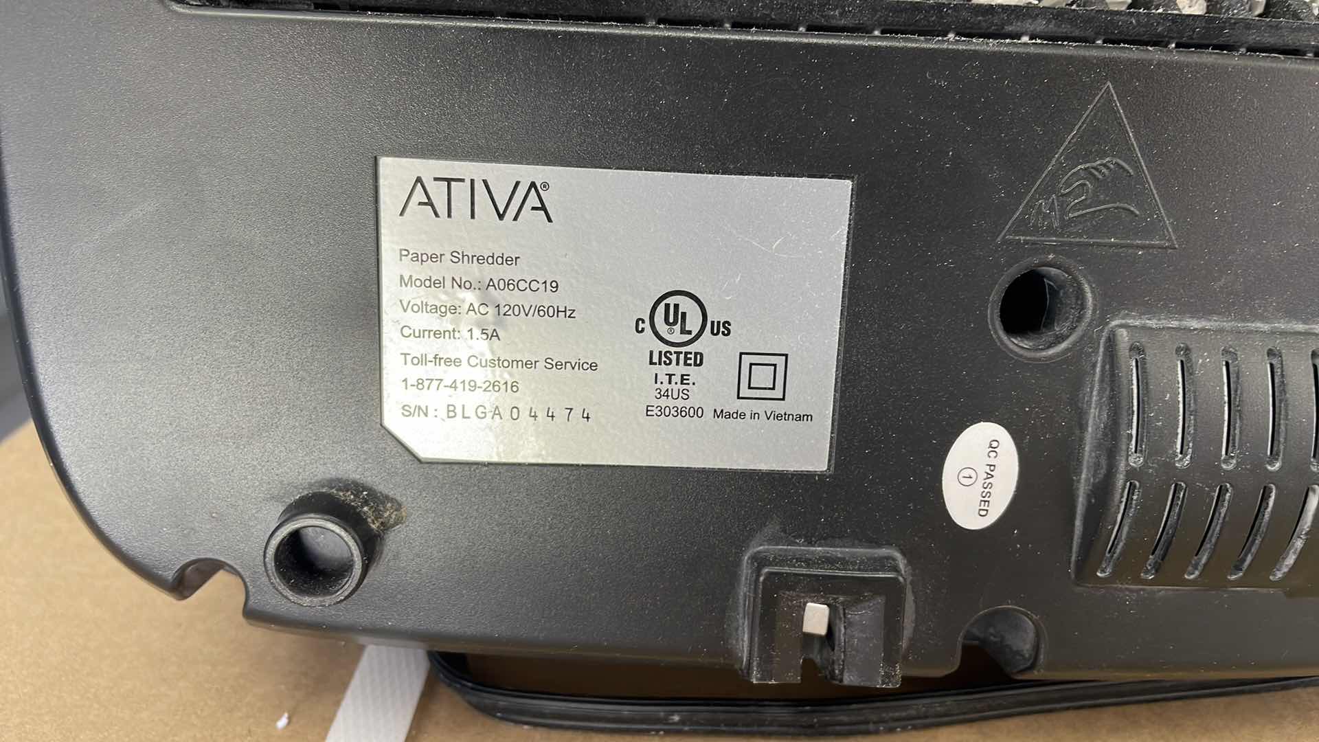 Photo 3 of ATIVA PAPER AND CARD SHREDDER