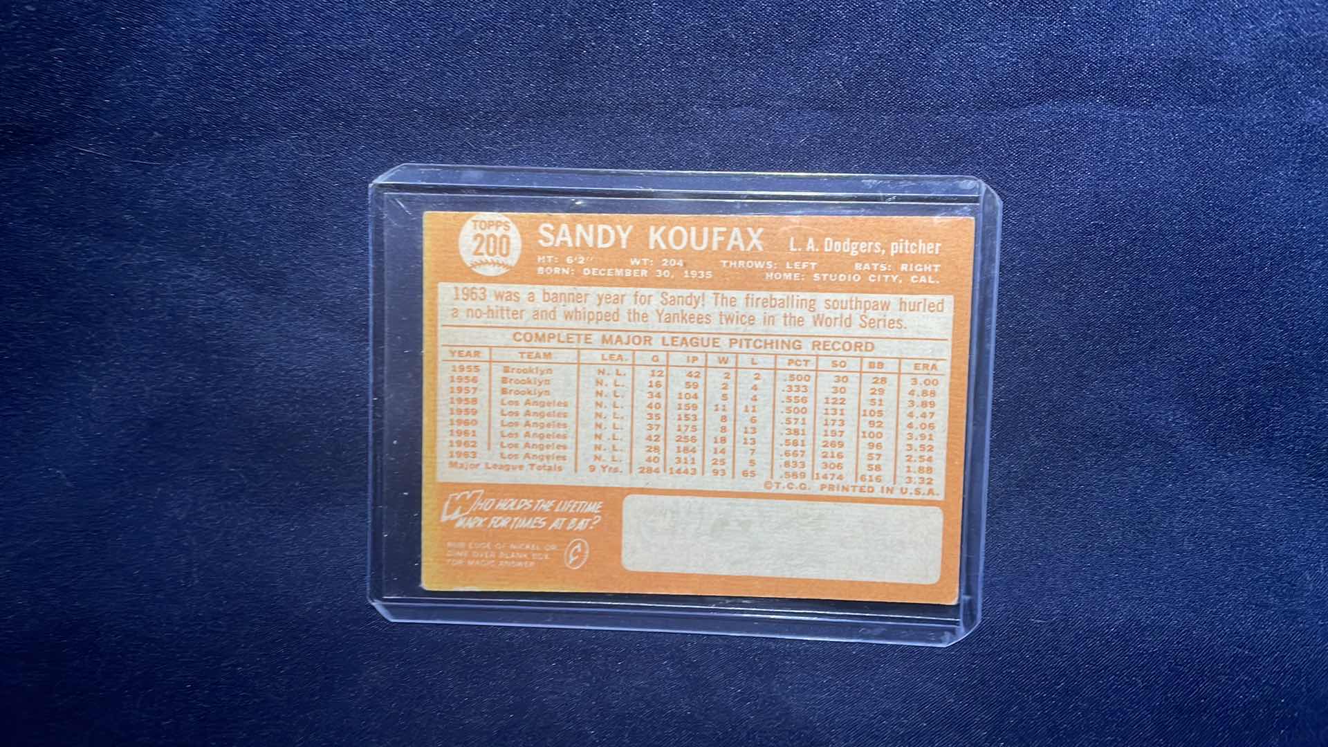 Photo 2 of 1963 TOPPS SANDY KOUFAX CARD #200