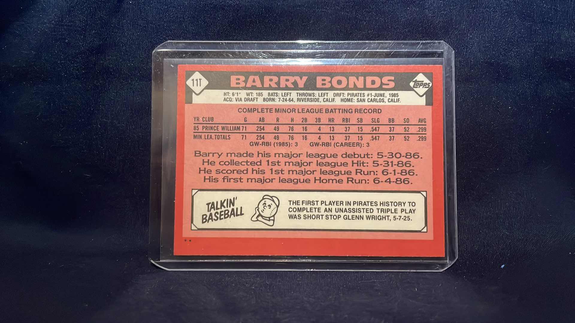 Photo 2 of 1986 TOPPS BARRY BONDS ROOKIE CARD #11t