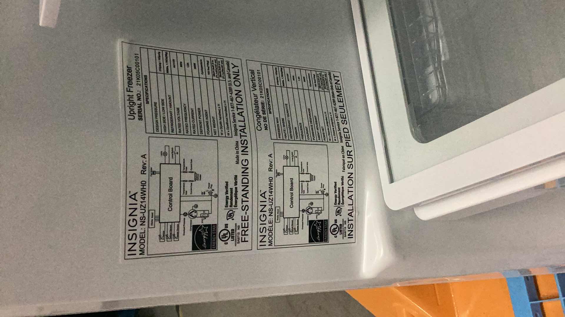 Photo 4 of INSIGNIA UPRIGHT FREEZER MODEL NS-UZ14WH0