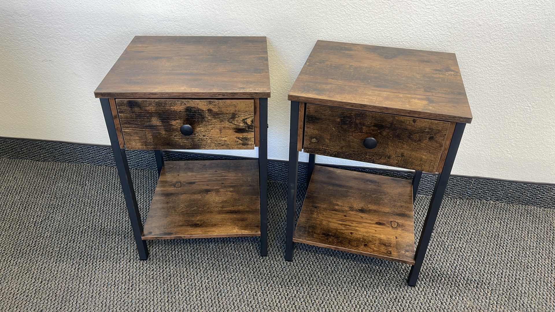 Photo 1 of 2 PC METAL BASE SIDE TABLES W WOOD TOP 16” X 16” H22”