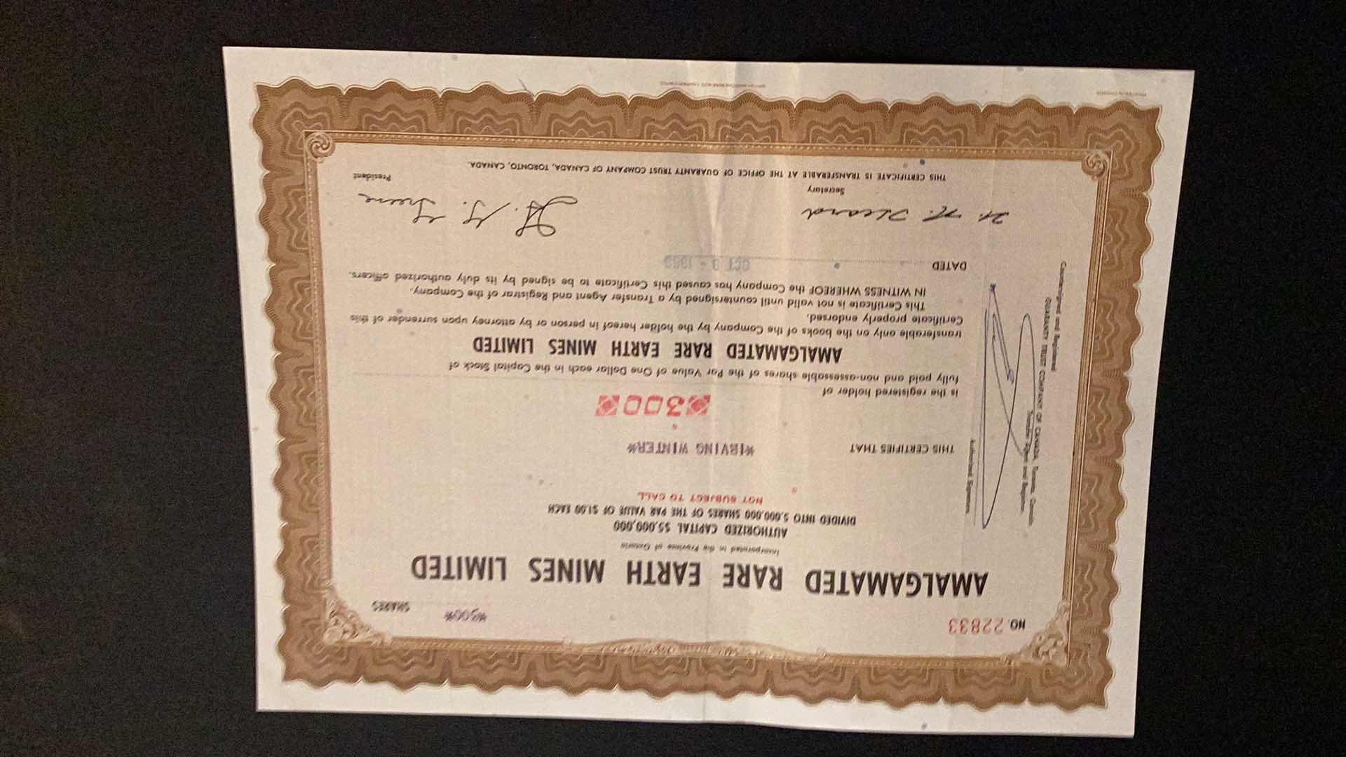 Photo 1 of STOCK CERTIFICATE AMALGAMATED RARE EARTH MINES LIMITED