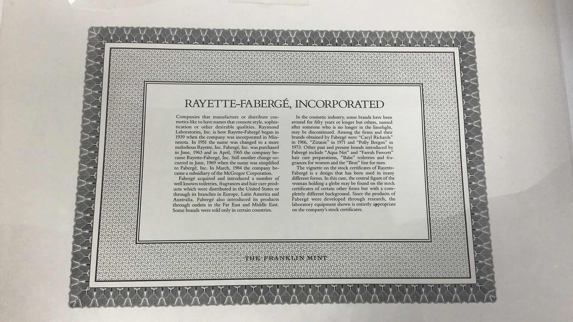 Photo 3 of FRANKLIN MINT, VINTAGE ABACUS AND RAYETTE-FABERGE INC 100 SHARES