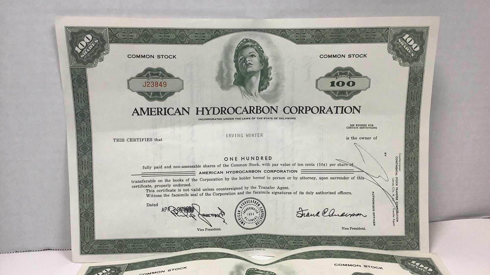 Photo 2 of 5 AMERICAN HYDROCARBON CORPORATION 100 COMMON STOCKS