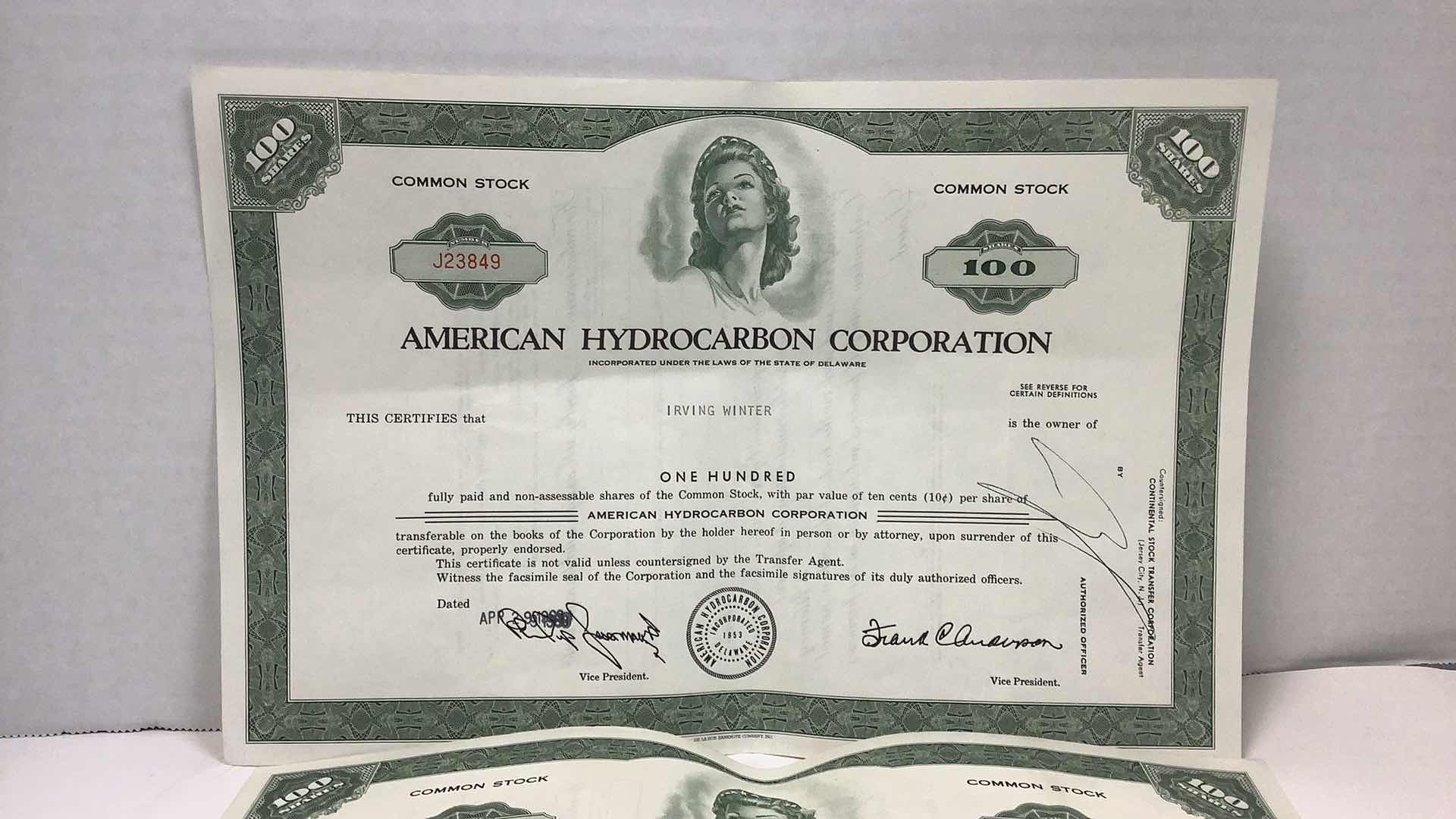 Photo 2 of 5 AMERICAN HYDROCARBON CORPORATION 100 COMMON STOCKS
