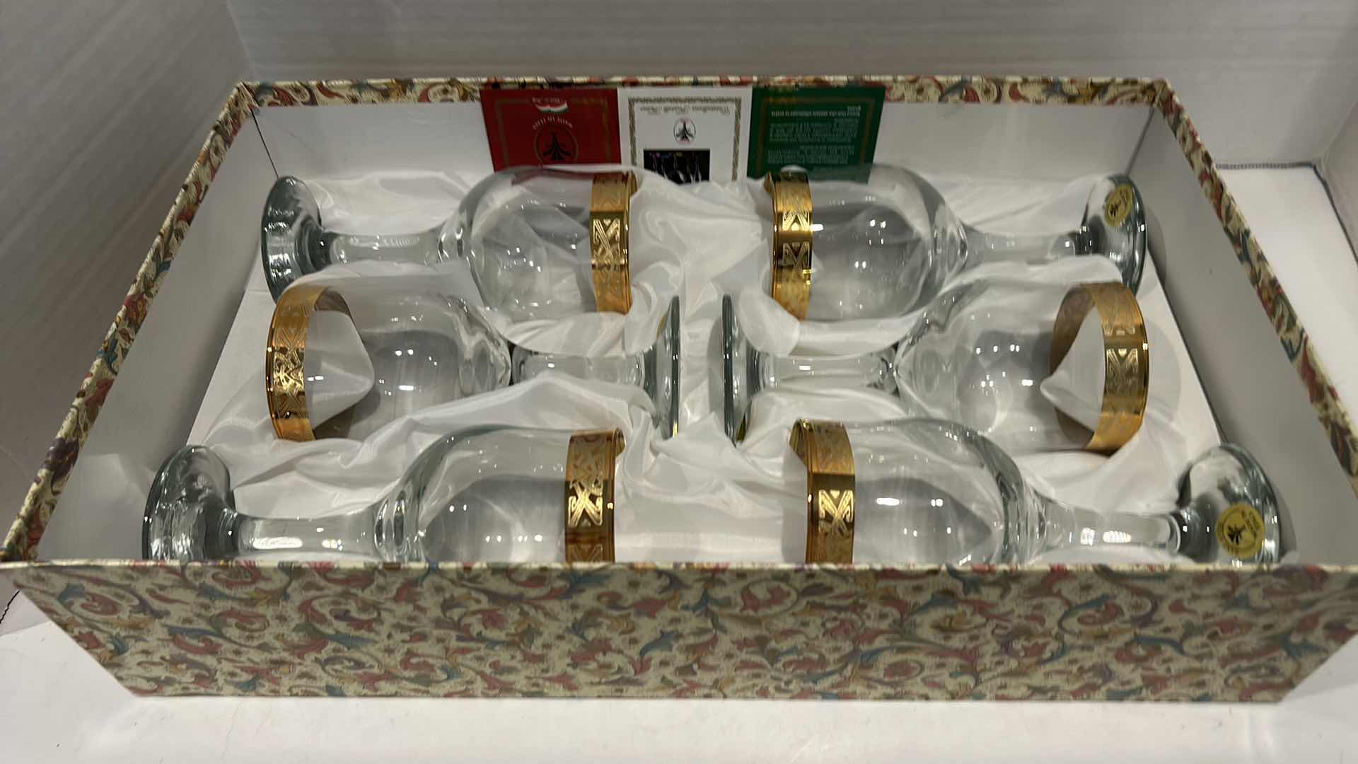 Photo 1 of BOXED - 6 GOLD RIMMED MADE IN ITALY WINE GLASSES