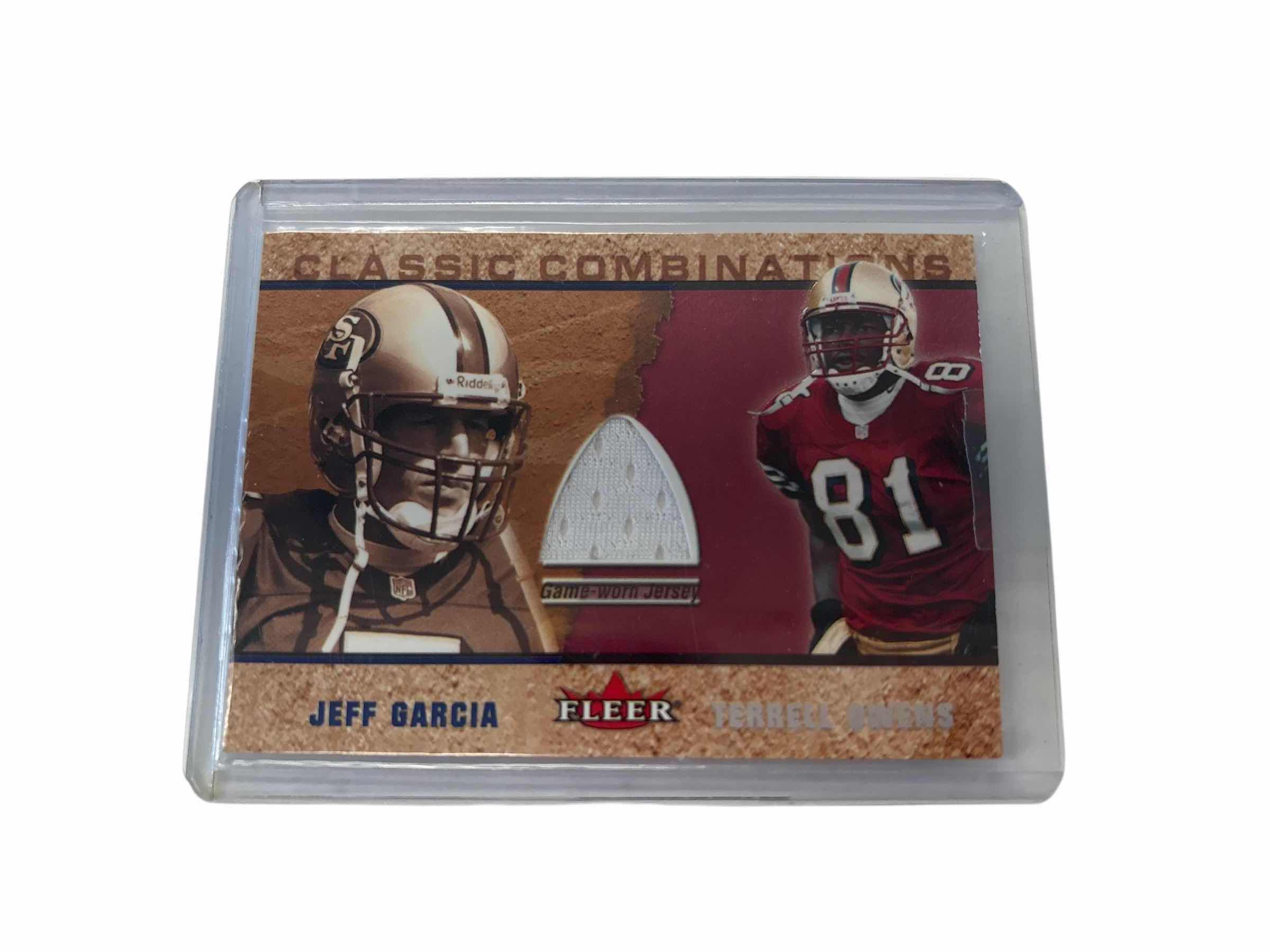 Photo 1 of 2002 TERRELL OWENS AND JEFF GARCIA FLEER CLASSIC COMBINATIONS GAME JERSEY CARD