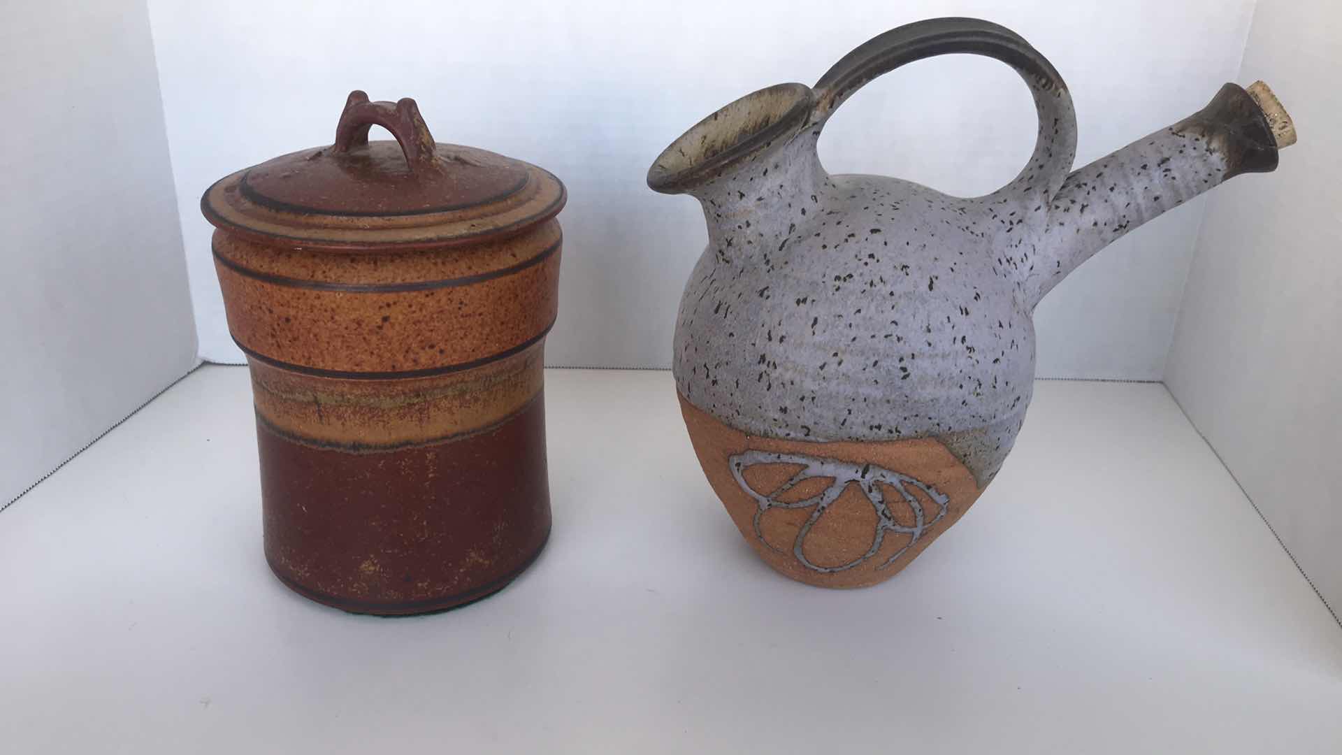 Photo 1 of CERAMIC JAR WITH LID 8”; VINTAGE STUDIO POTTERY VESSEL PITCHER WITH CORK STOPPER 9 1/2”