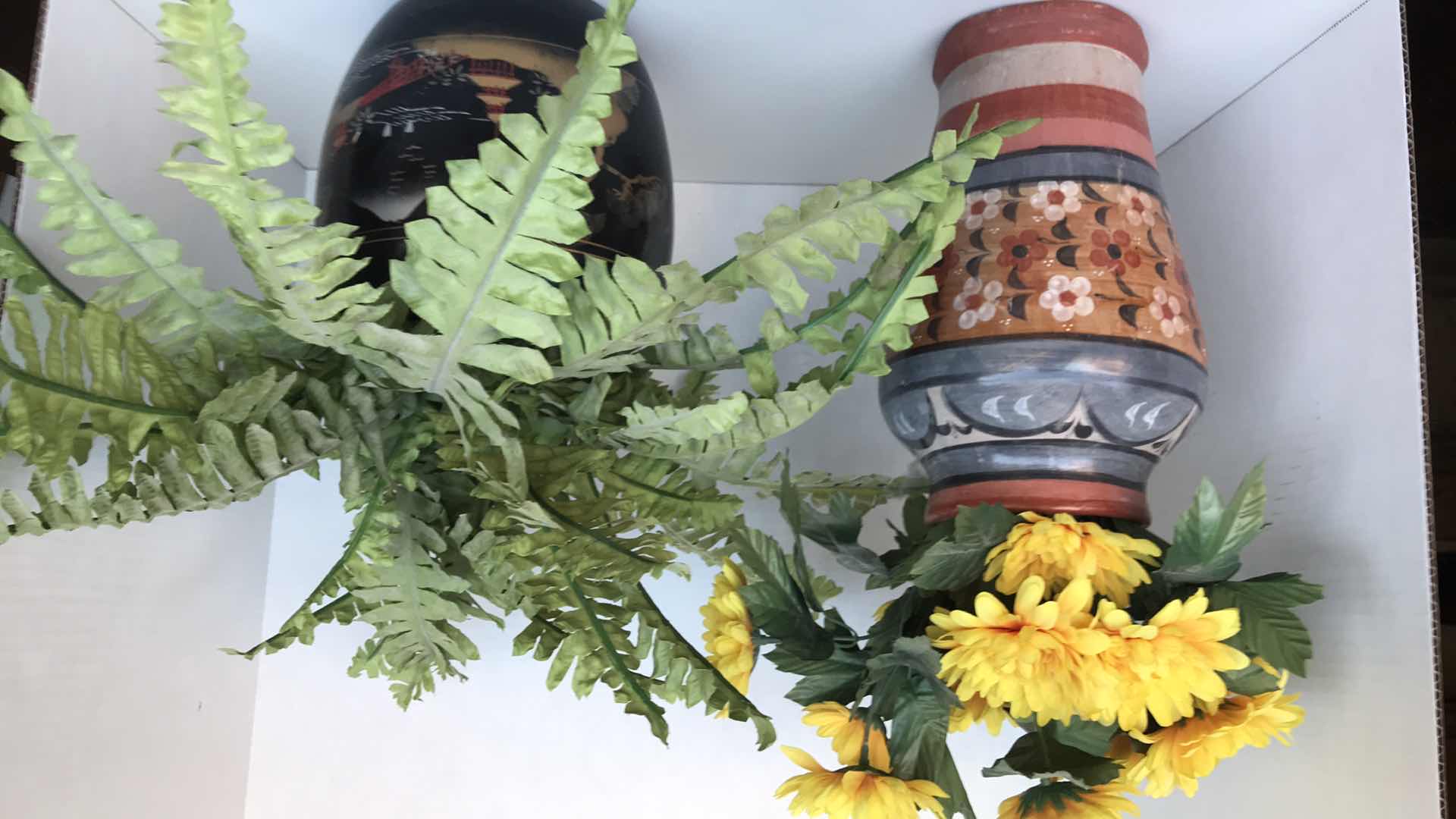 Photo 1 of 2 CERAMIC VASES WITH ARTIFICIAL PLANTS, UP TO 17” TALL WITH PLANTS