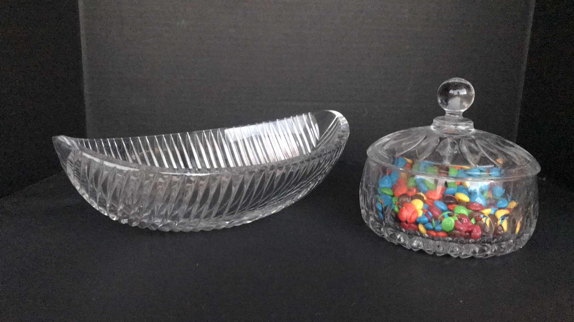 Photo 1 of CRYSTAL CANDY DISH WITH LID, AND CRYSTAL SERVING BOAT 12” LONG