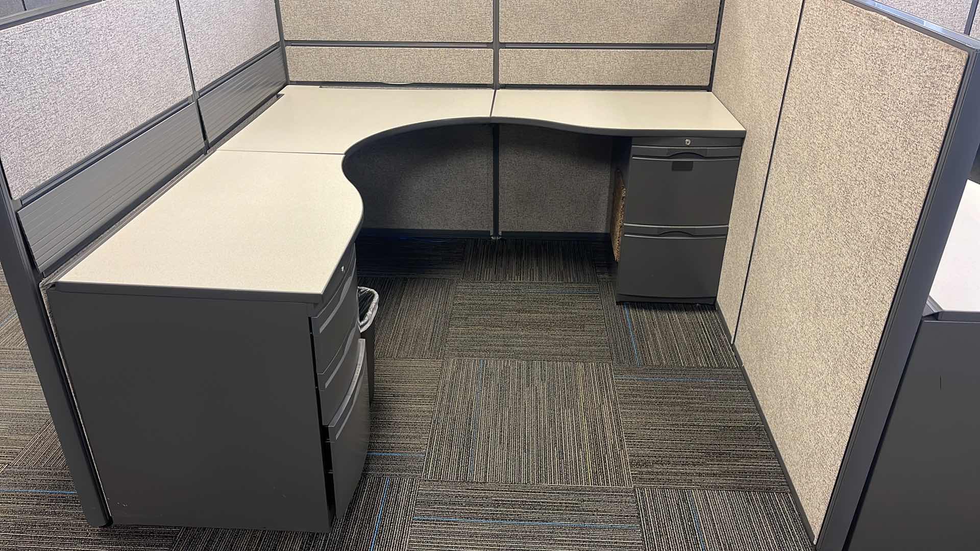 Photo 3 of 6 PC CUBICAL SET W 5 DRAWER MEDAL BASE DESKS 76” X 76” H50” (BUYER TO DISASSEMBLE & REMOVE FROM 2ND STORY OFFICE BUILDING W ELEVATOR)