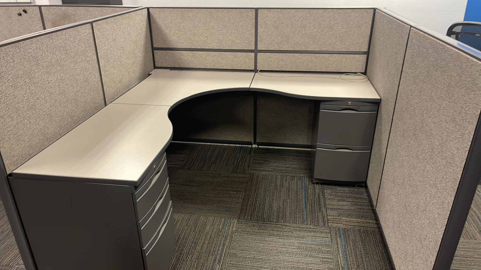 Photo 2 of 3 PC CUBICAL SET W 5 DRAWER MEDAL BASE DESKS 76” X 76” H50” (BUYER TO DISASSEMBLE & REMOVE FROM 2ND STORY OFFICE BUILDING W ELEVATOR)