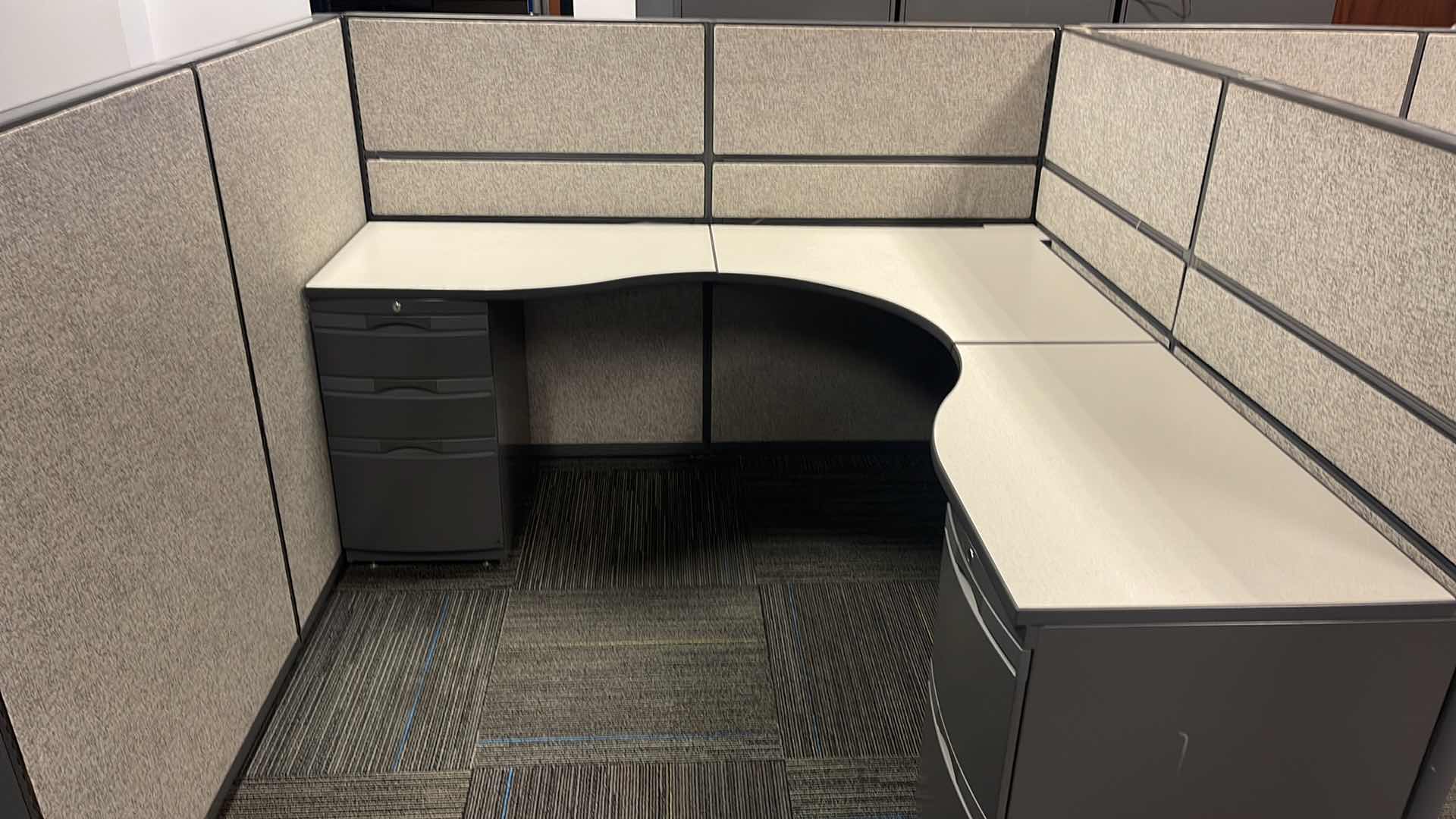 Photo 3 of 3 PC CUBICAL SET W 5 DRAWER MEDAL BASE DESKS 76” X 76” H50” (BUYER TO DISASSEMBLE & REMOVE FROM 2ND STORY OFFICE BUILDING W ELEVATOR)