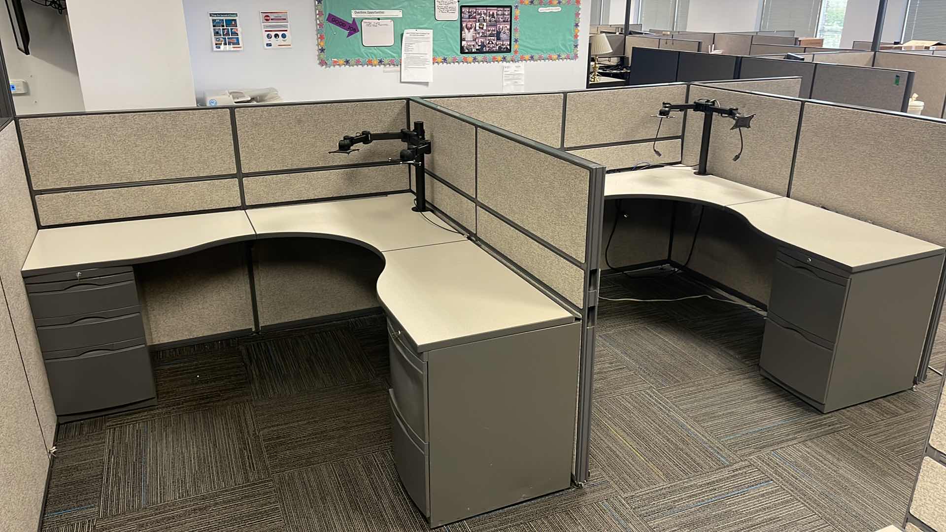 Photo 1 of 2 PC CUBICAL SET W 5 DRAWER MEDAL BASE DESKS 76” X 76” H50” (BUYER TO DISASSEMBLE & REMOVE FROM 2ND STORY OFFICE BUILDING W ELEVATOR)